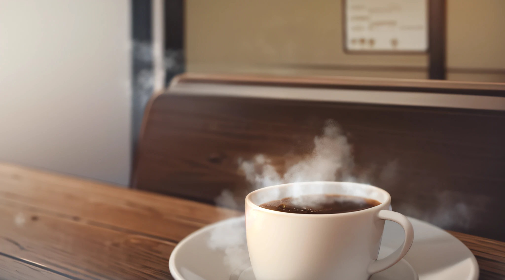 Cafe interior, steam from hot coffee, coffee cup on table, one cup