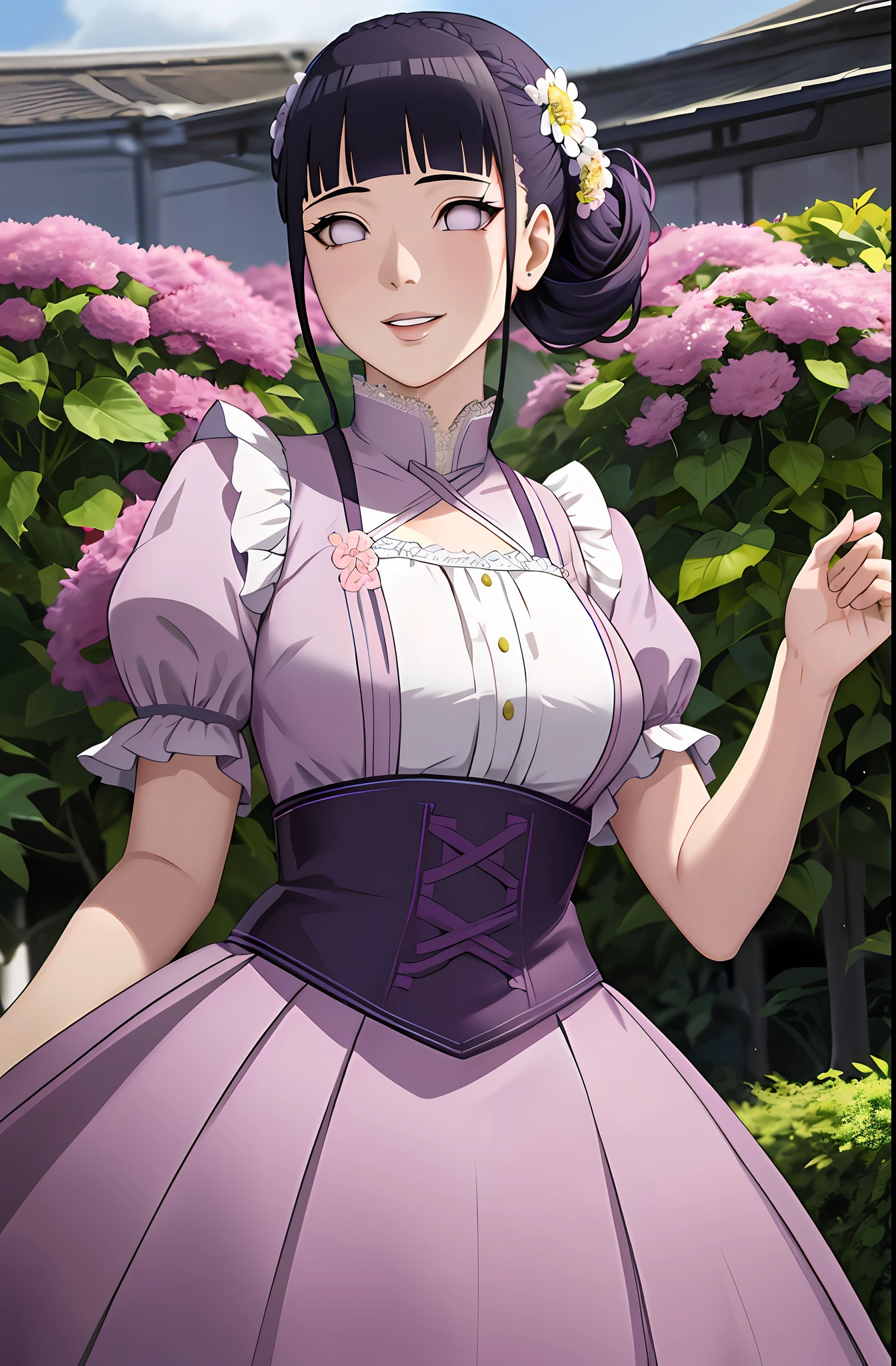 masterpiece, hinata\(boruto\), solo, 1girl,medium breasts, smile, (((updo hair))),standing, the bodice and the skirt pattern, lace, blink blink effect, (((detailed lips))), cowboy shoot, garden, flowers, purple regency era dress