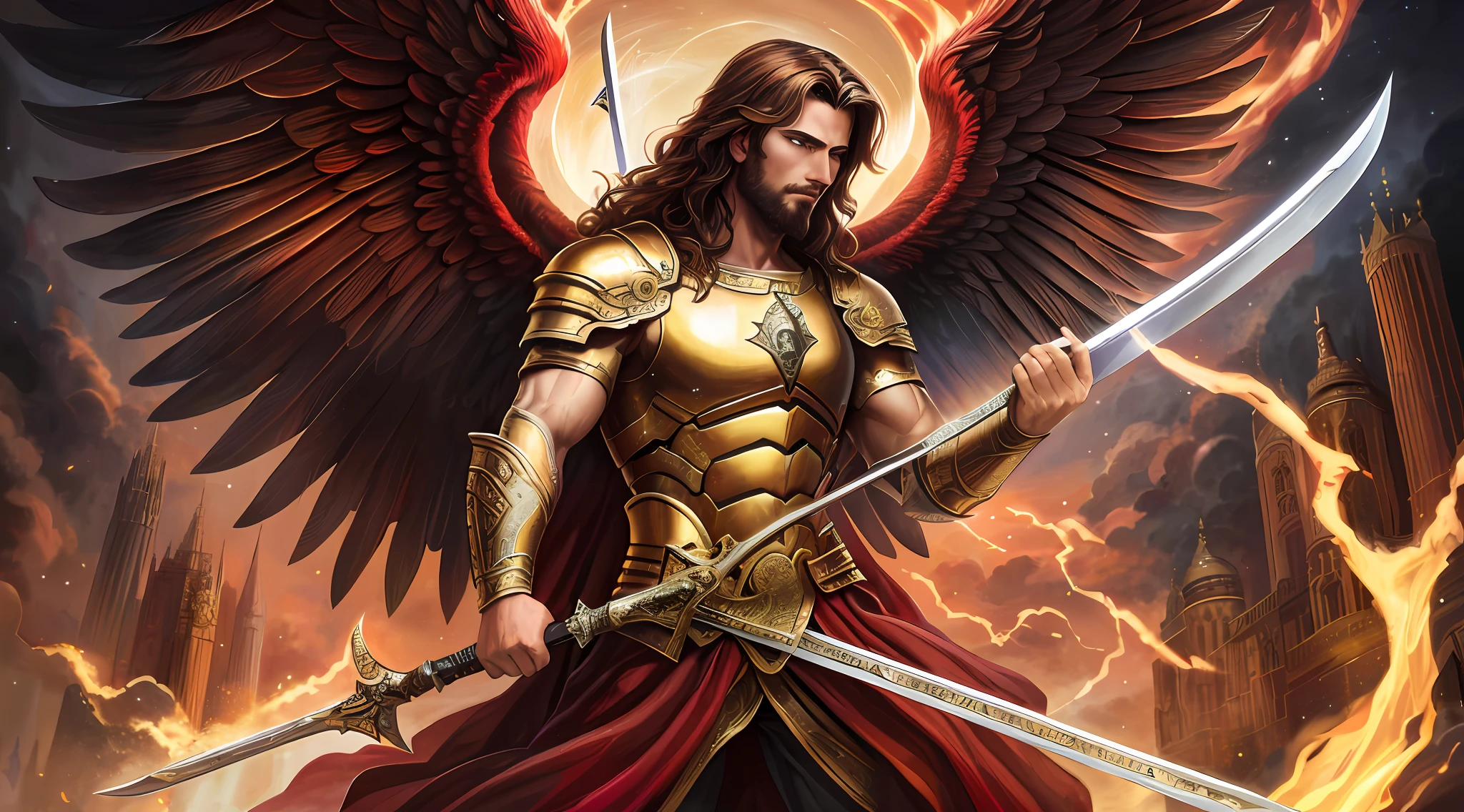 a close up of a man with a sword and a sword in his hand, archangel michael, archangel, saint michael the angel, by Roman Bezpalkiv, by Anne Stokes, by Hristofor Žefarović, angelic golden armor, by Nikola Avramov, by Ivan Meštrović