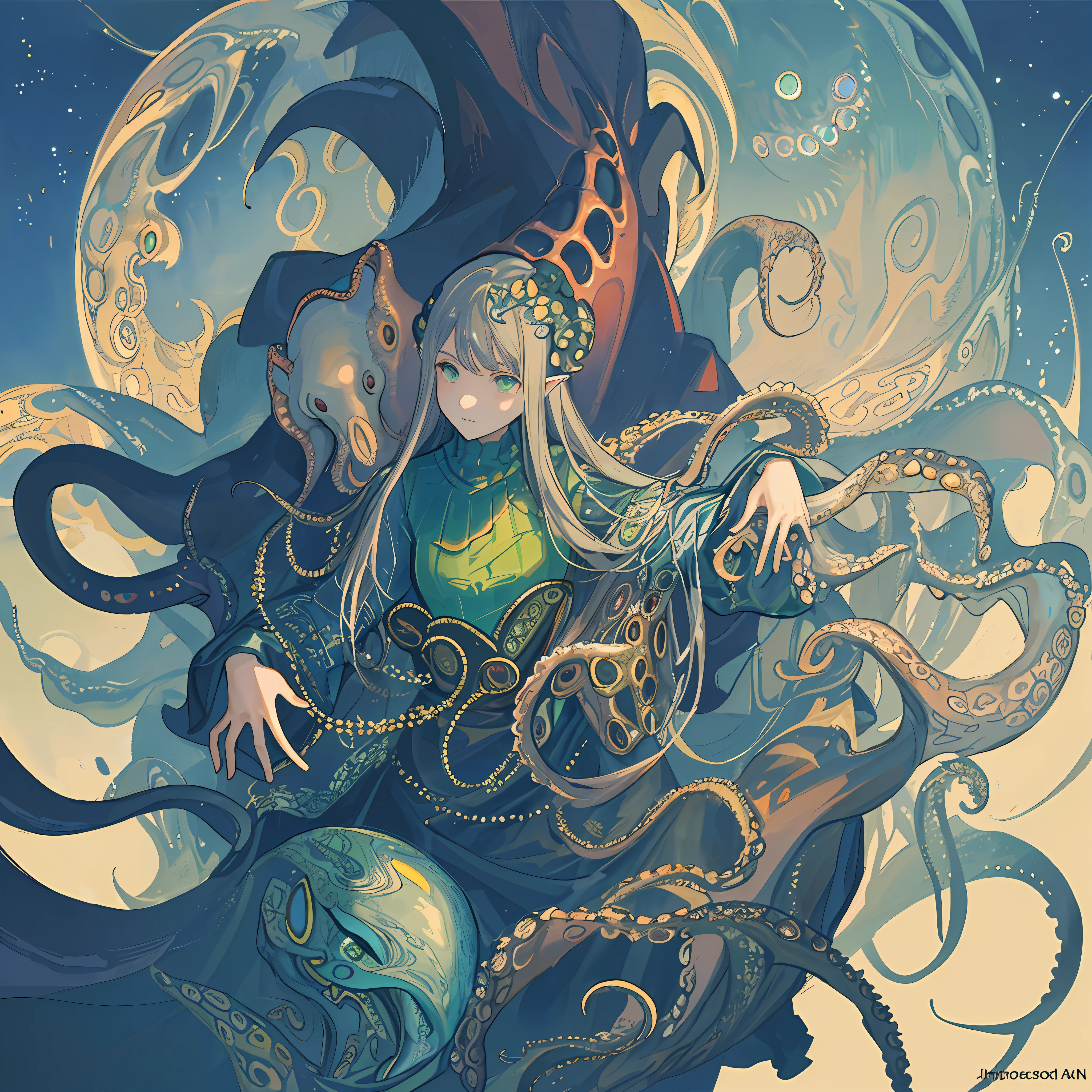 (masterpiece), (best quality), (super detail), illustration, cthulhu, octopus head, tentacles, tall man, deep sea mansion
