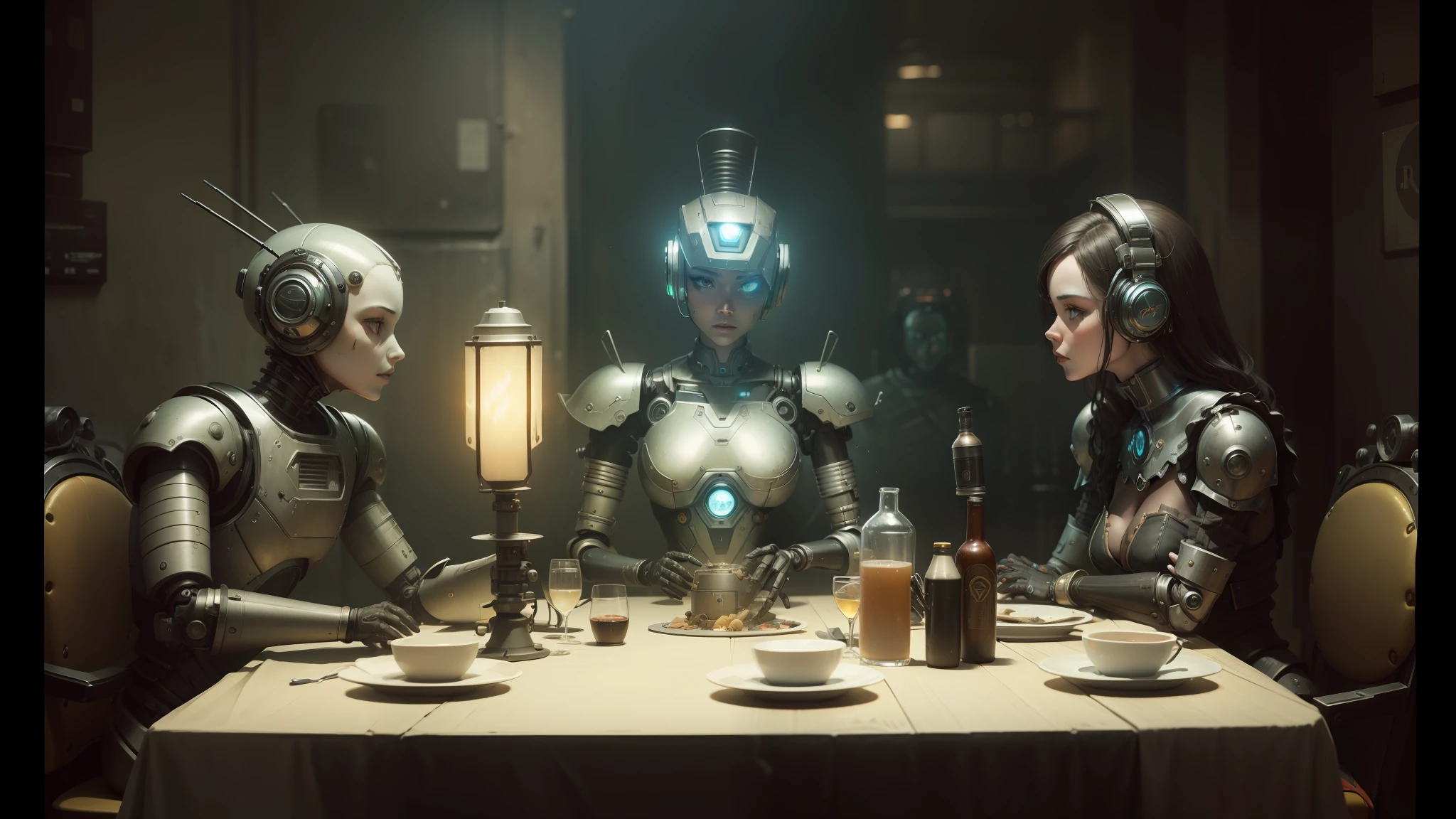 two robots and a woman in costume sitting at a table with a flashlight, highly detailed surreal vfx, ironpunk, robots drinking alcohol, stillage from a music video, by Kanō Naizen, highly detailed dark art, 4 limbs and civilized behavior, stopmotion animation, androids, 2022 photography, dinner scene, sci - fi : :, spare parts --auto --s2