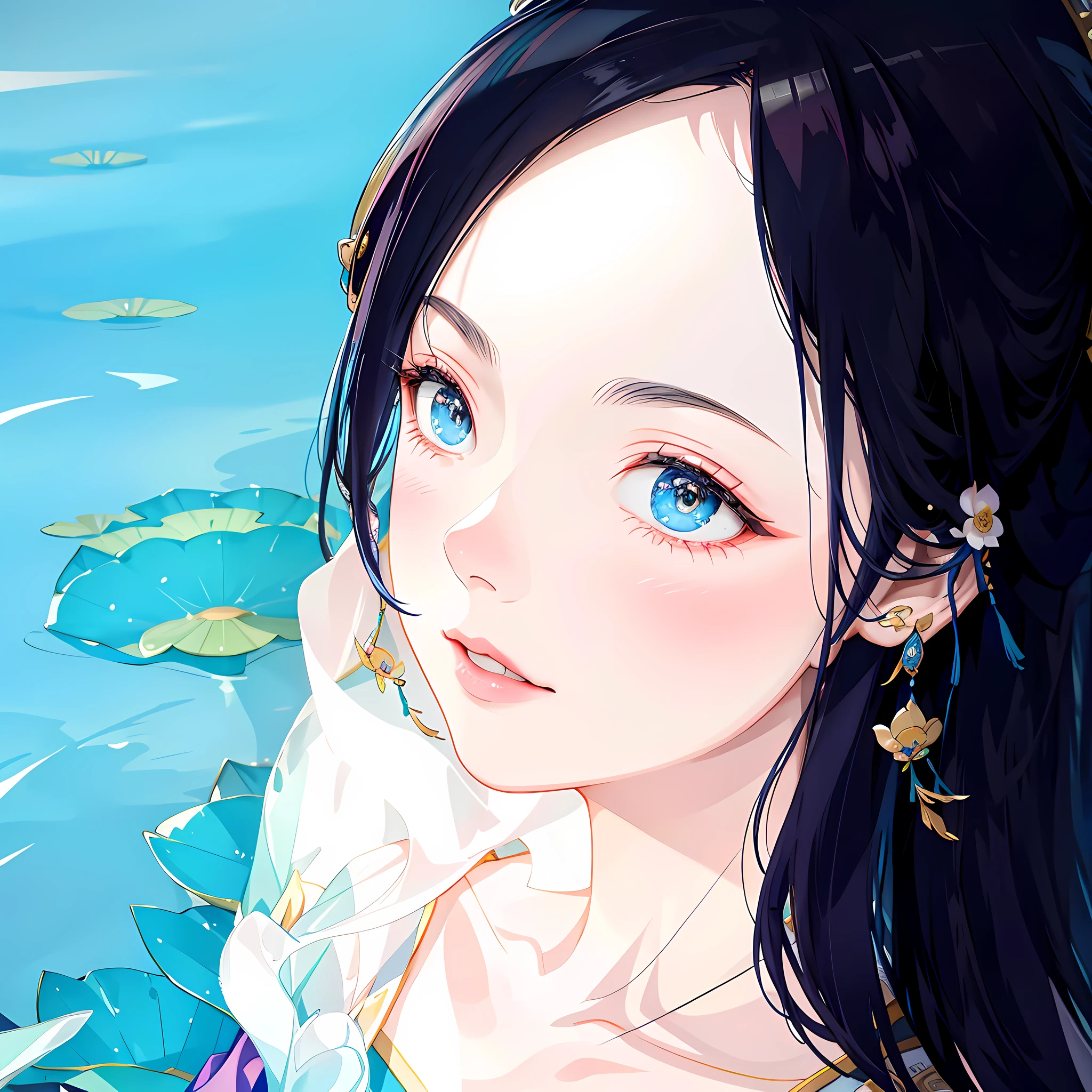 Ancient Chinese beauty sitting on stone, wearing ancient Chinese costume, flowing blue tulle, light silk, lazy pose, large lotus leaves, lotus flowers, ink painting style, clean colors, decisive cutting, white space, freehand, masterpiece, super detailed, epic composition, high quality, highest quality, 4k --v 6