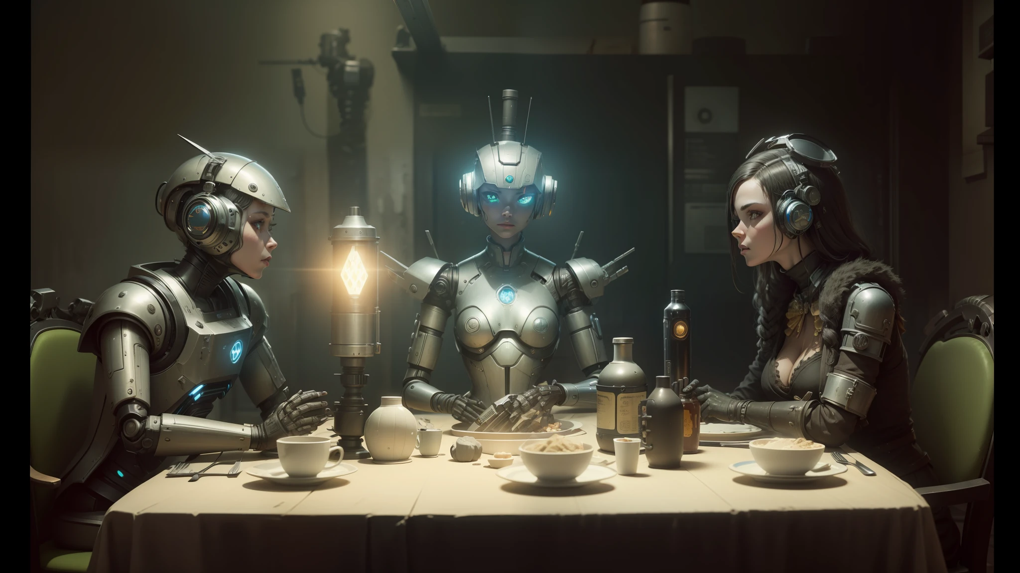 two robots and a woman in costume sitting at a table with a flashlight, highly detailed surreal vfx, ironpunk, robots drinking alcohol, stillage from a music video, by Kanō Naizen, highly detailed dark art, 4 limbs and civilized behavior, stopmotion animation, androids, 2022 photography, dinner scene, sci - fi : :, spare parts --auto --s2