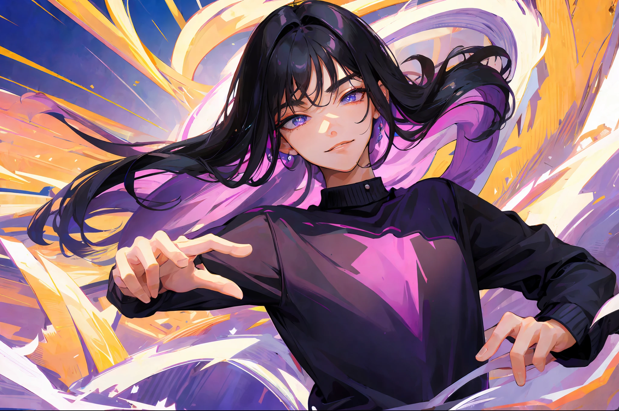 ((Masterpiece, Best Quality, Ultra Detailed, High Resolution)), Single, Handsome Teenager, Black Purple Hair, Perfect Eyes, Age 15, Mean Smile, Right Eyebrow Raised, White Shirt, Purple Sweater Vest