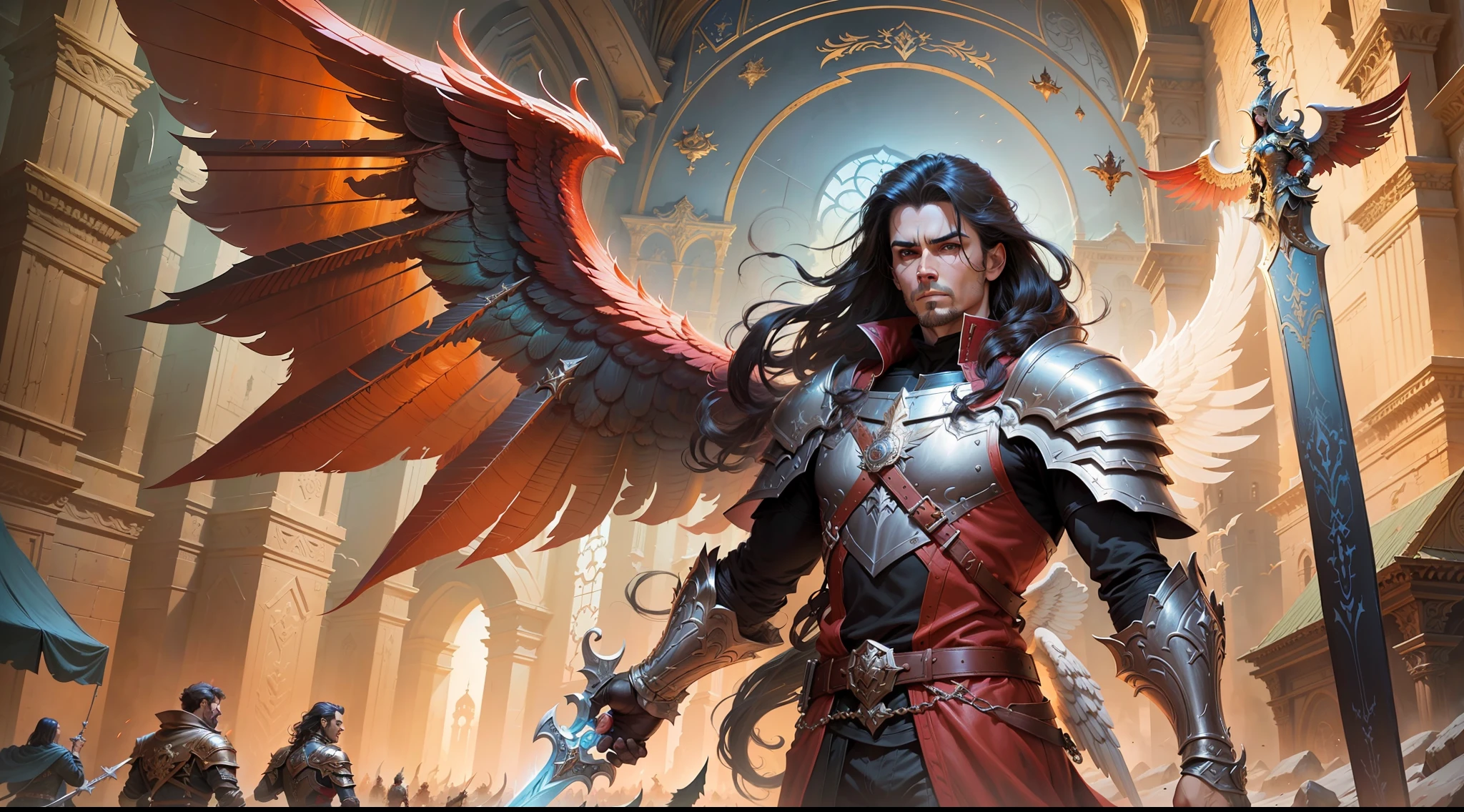 a painting of a man angel with wings, with a sword, inspired by Marc Simonetti, art style by marc simonetti, dragonlance illustration, cover art of epic fantasy novel, style by marc simonetti, michael cheval (unreal engine, fantasy book cover painting, inspired by Magali Villeneuve, archangel michael, red clothes --auto --s2