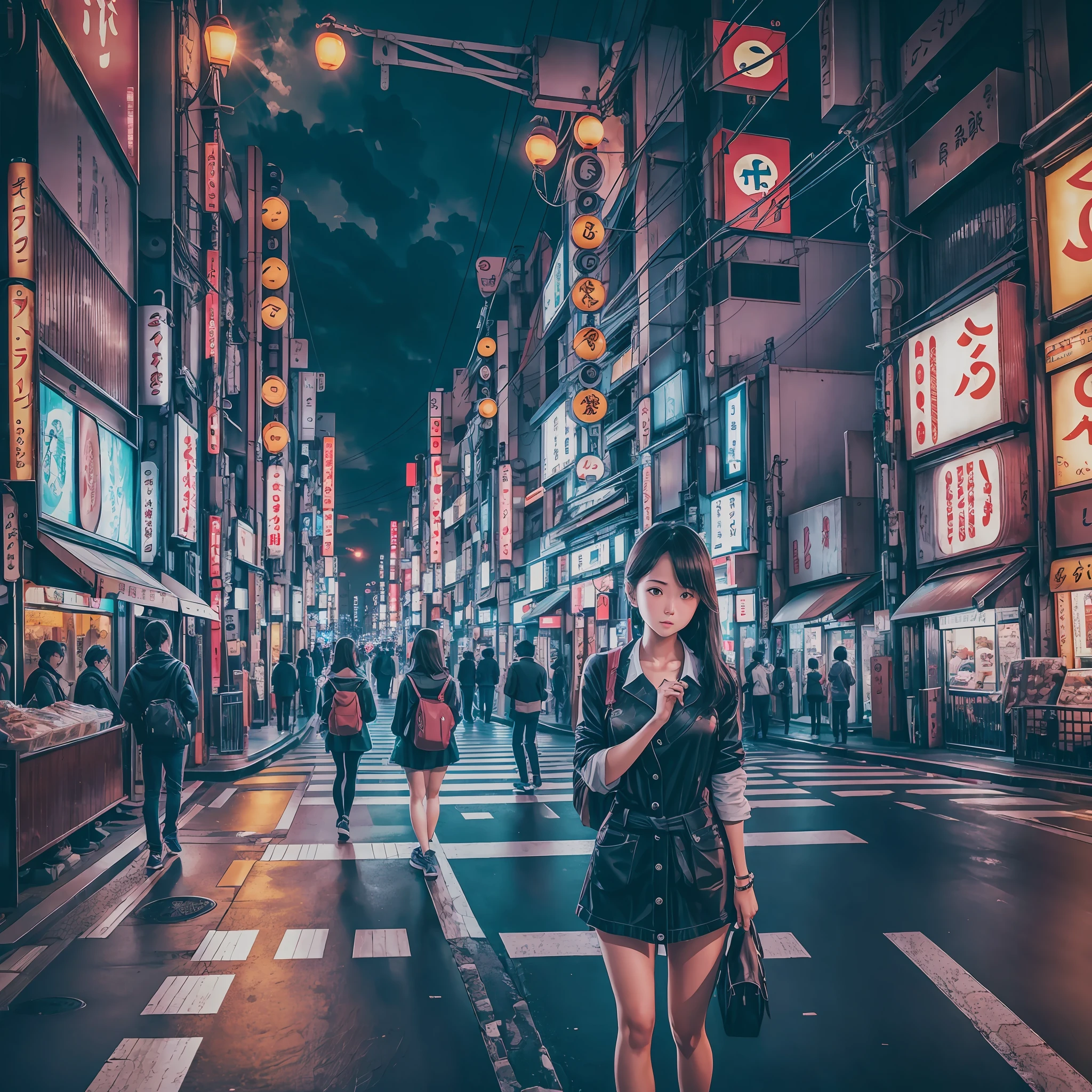 1girl, Tokyo street,night, cityscape,city lights, upper body,close-up, 8k, RAW photo, best quality, masterpiece,realistic, photo-realistic --auto --s2