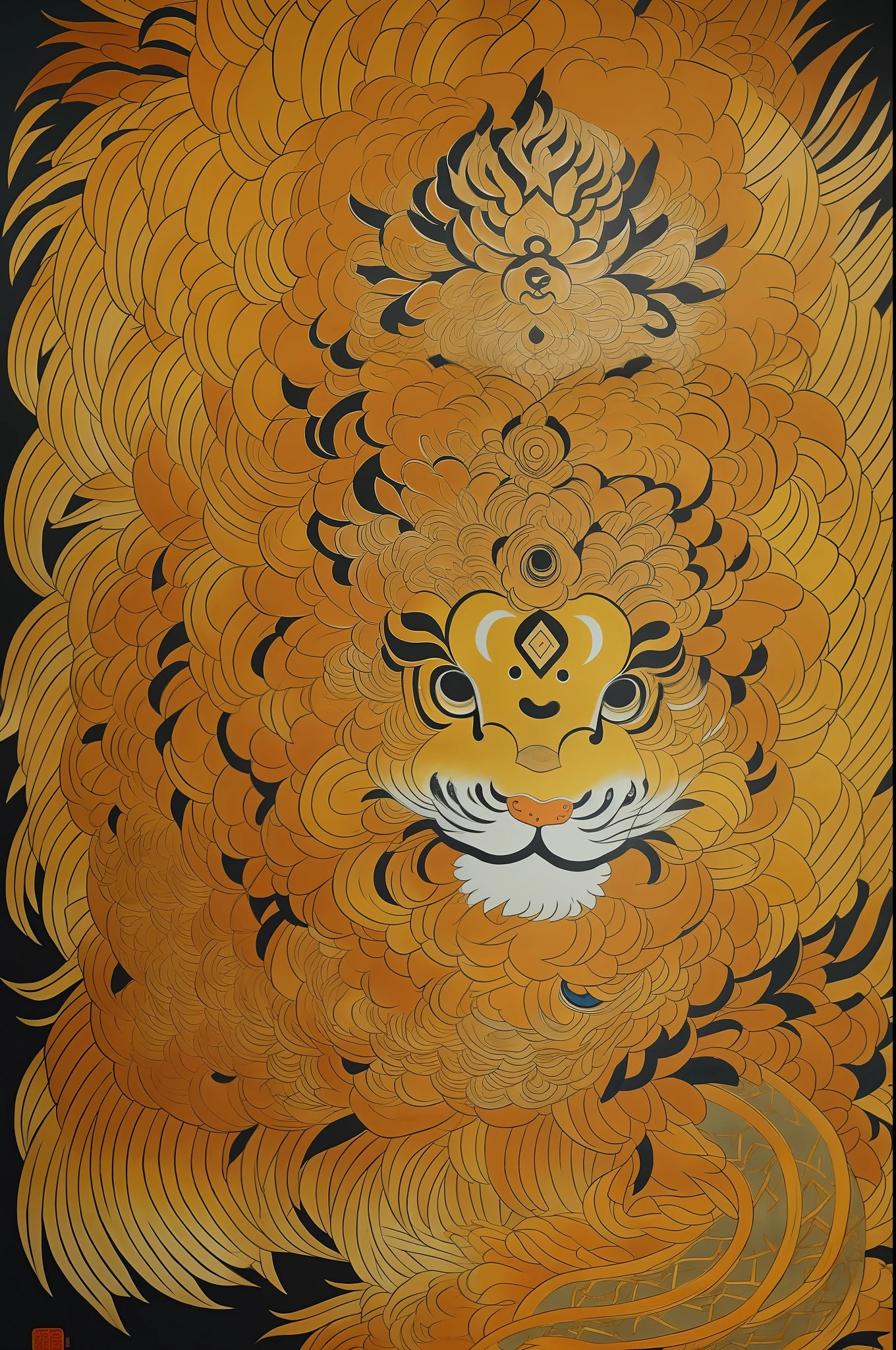Lion Dance, Chinese Lion Awakening Painting Close-up, Asura in Chinese Mythology, Ancient Chinese Art Style, Wen Boren, Yellow Chinese Lion Fantasy, Mythical Creatures, Chinese Lion Concept Art, Ancient Chinese Gorgeous, Chinese Mythology, Ink Flower, Inspired by Puhua, an ancient creature, Qigong