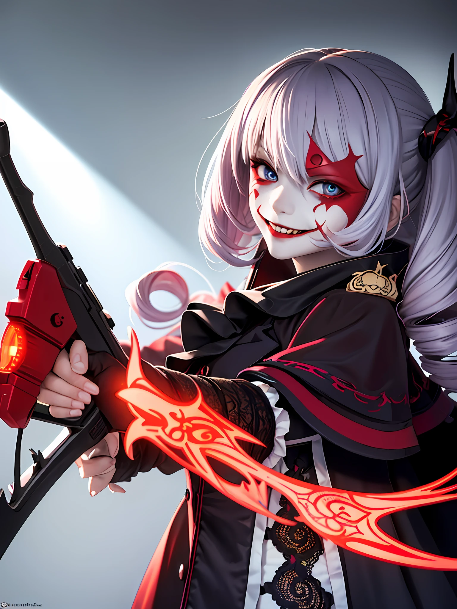 yandere girl,  evil smile, portrait, hyper detailed intricate, blood, joker, twin drills curly,  detailed background, serious, mask