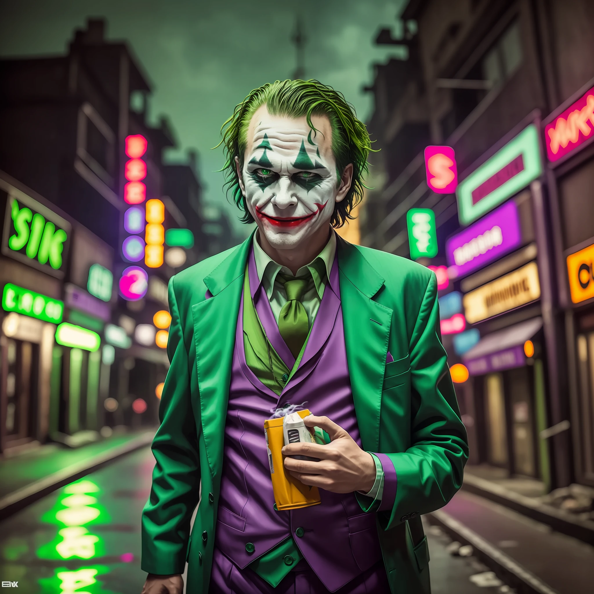 Joker, in run-down street, dark and gloomy, wearing a fluorescent green suit, smoking, laughing maniacally, movies, surprise details, 8k, Wong Kar-wai style, subsurface reflection, terrorism --auto --s2