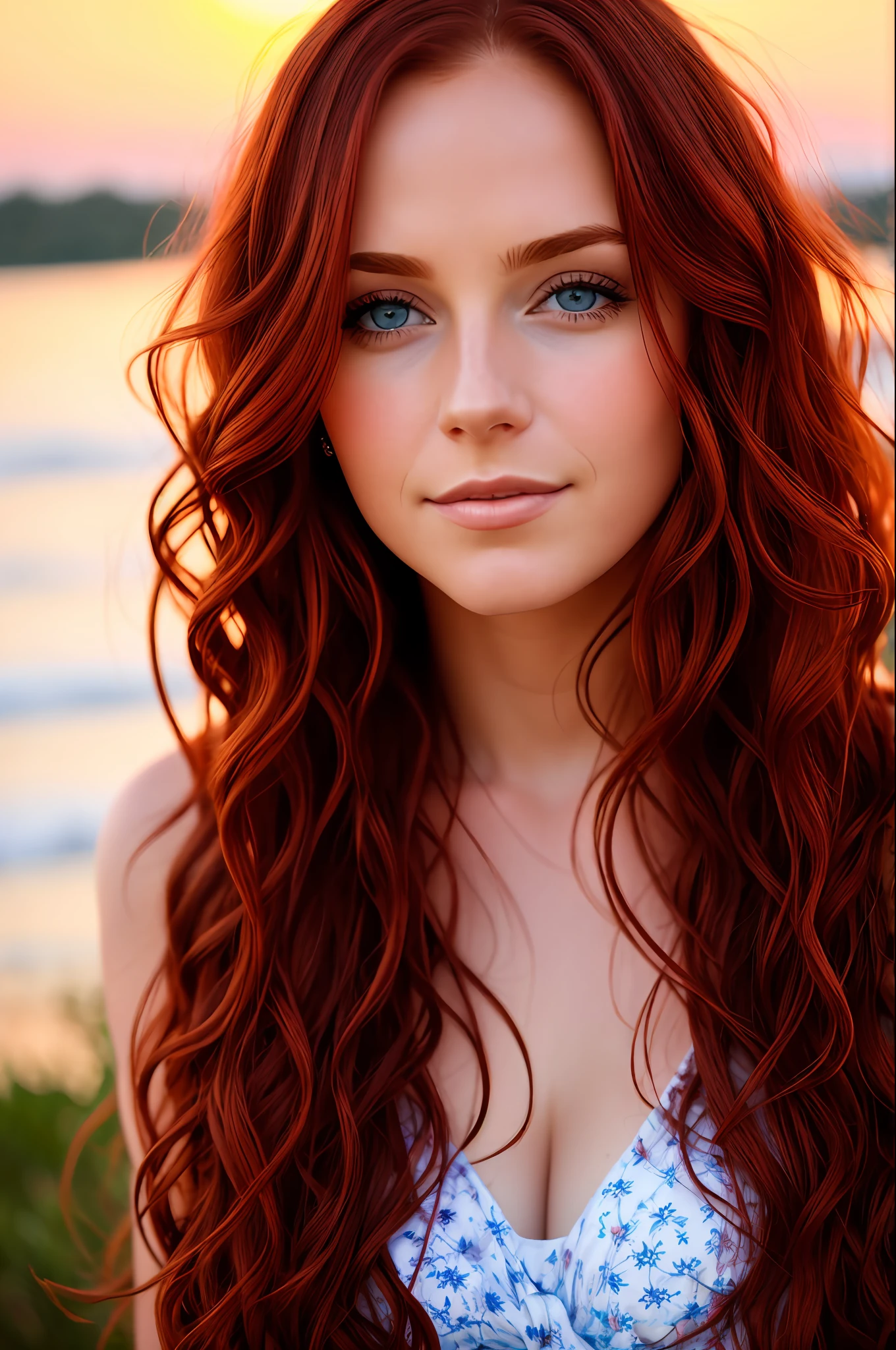 a portrait of a beautiful woman, (height 1.2), she has long wavy and red hair, sunset, sunkissed, sunshine, blue eyes