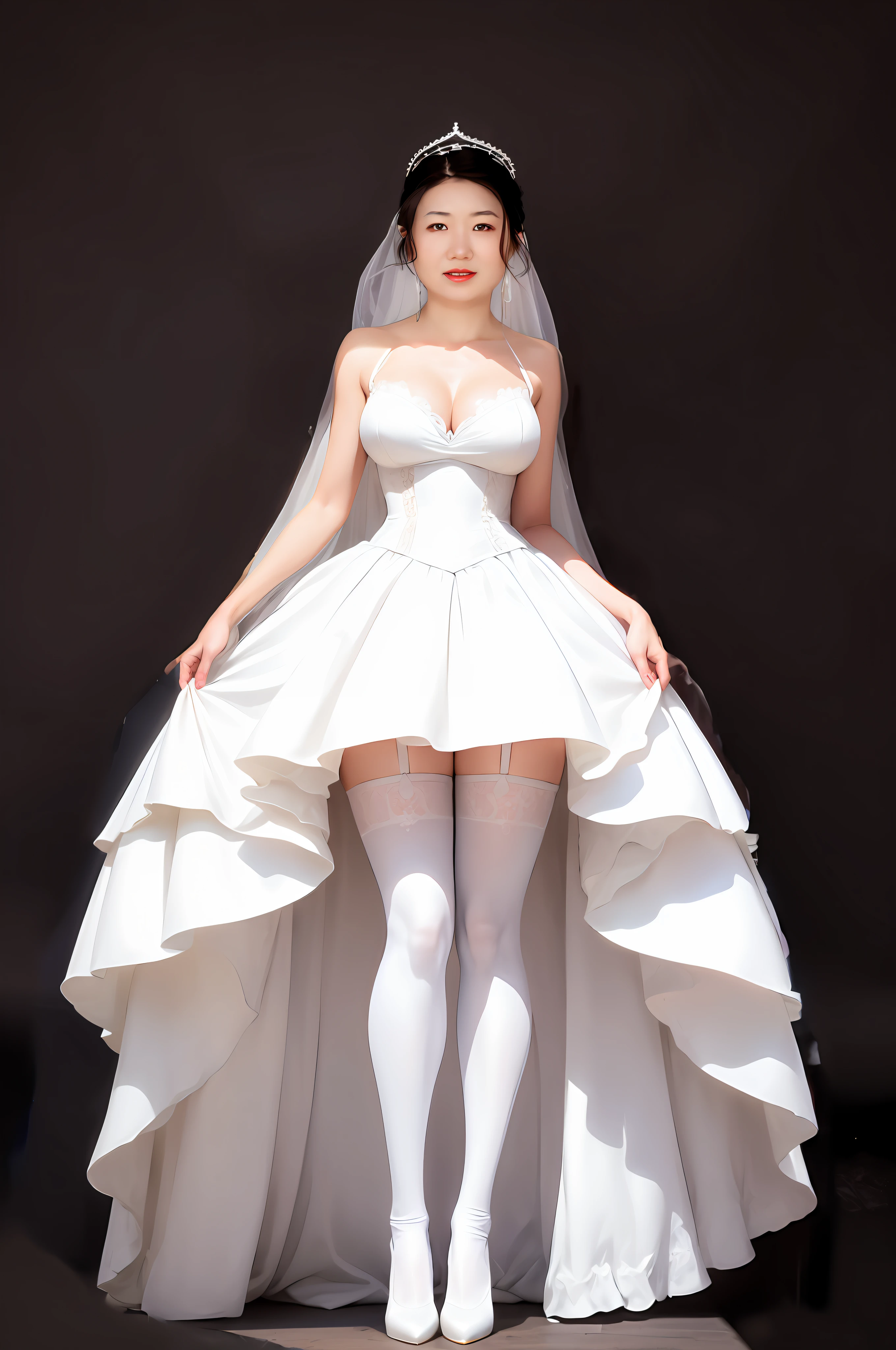 White flowing wedding dress, white panties, white thigh stockings, peerless figure, oriental body, huge chest, photo light and shadow