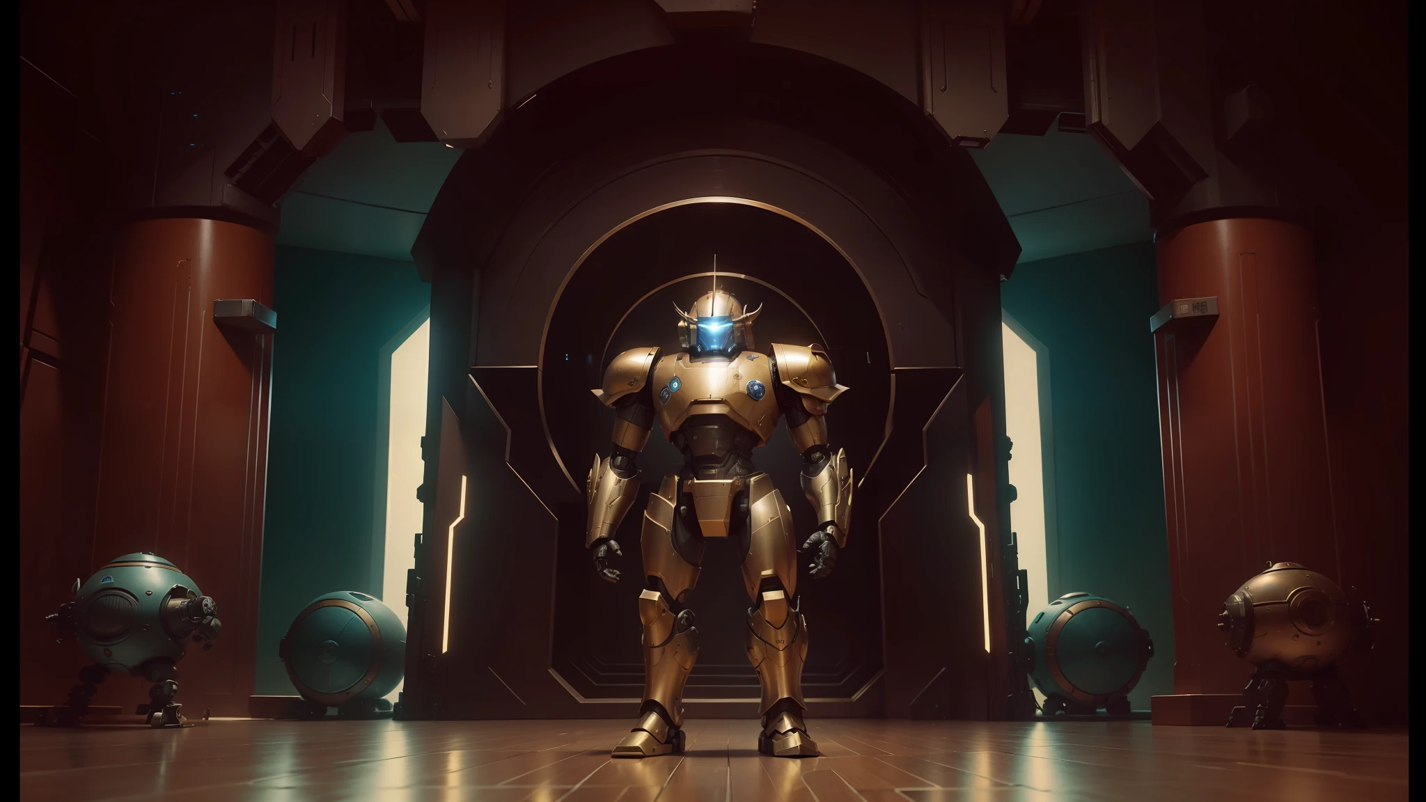 there is a robot man standing in a room, fantasy heavy armor rendering, performing a music video, mastodon, retrofuturistic droid, official screenshot, el dorado, cosmic bjork, guard, no text, soldier, still photo of, steamroller, [ cinematographic --auto --s2
