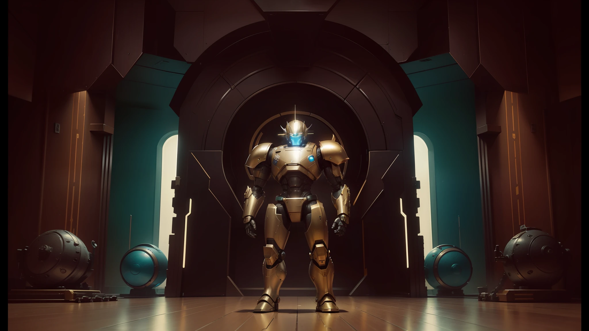there is a robot man standing in a room, fantasy heavy armor rendering, performing a music video, mastodon, retrofuturistic droid, official screenshot, el dorado, cosmic bjork, guard, no text, soldier, still photo of, steamroller, [ cinematographic --auto --s2