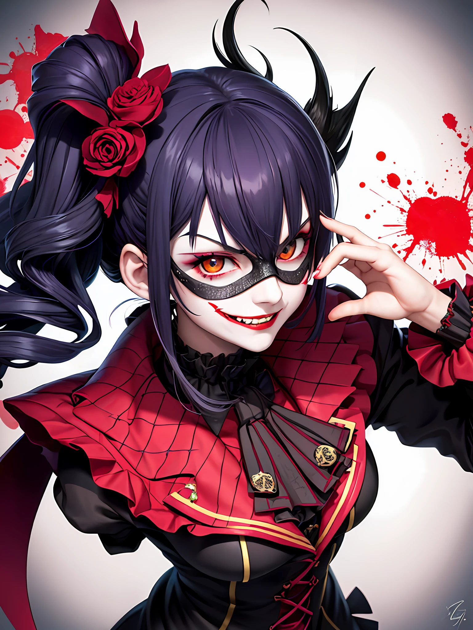 yandere girl, evil smile, portrait, hyper detailed intricate, blood, joker, twin drills curly, detailed background, serious, mask