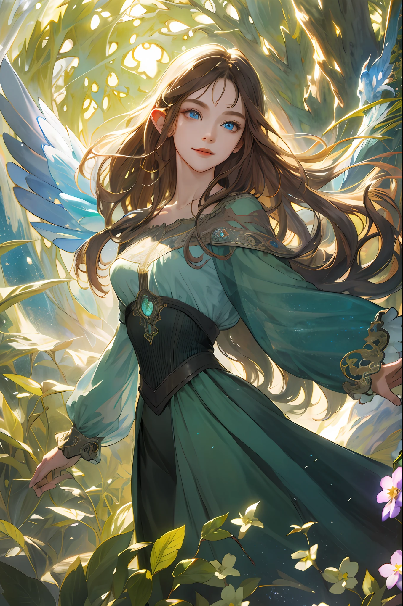 (absurd, high resolution, super detail), elf, beautiful face, pretty face, 1 woman, , straight long hair, beautiful golden hair, hair fluttering in the wind, blue eyes, bangs, detailed eyes and detailed face, highly detailed CG unified 8k wallpaper, intricate details, (Style - Swirl Magic: 1.0), watch viewer, solo, detailed background, full body, detailed face, (Gothic Dark Ages theme: 1.5), green light clothes, short green skirt, white boots, collarbone, dynamic pose, forest themed clothes, glowing magic fragments, deep forest, backlight, magic floating particles, magnificent ethereal atmosphere, updraft, portrait, blurry background, longbow, smile, (((Mucha-style)), antique,