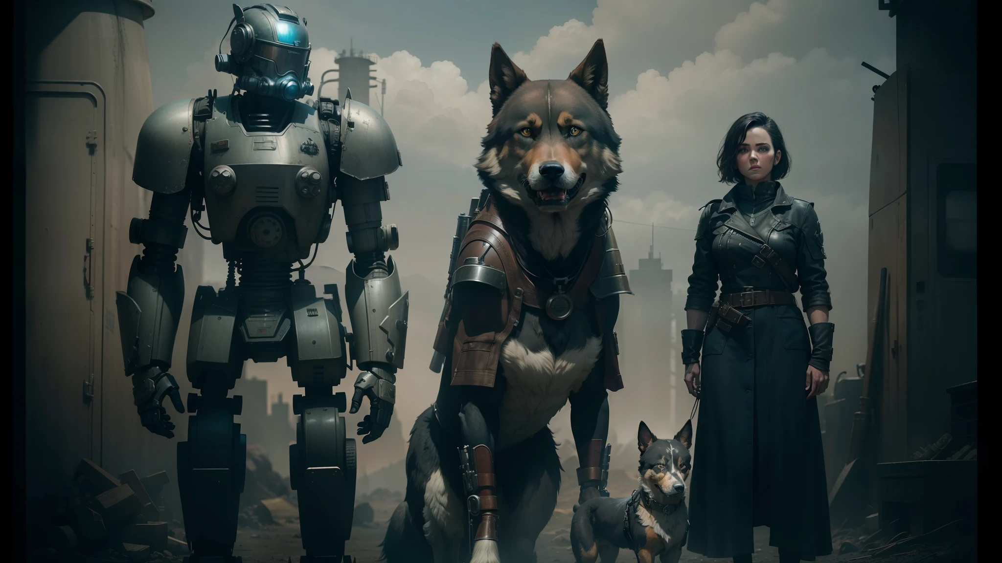 there are two people and a dog standing next to a robot, fantasy movie still, fallout 5, wolves, cinematic full character, sfw version, two dogs, magazine article, youtube thumbnail, official photo, with two characters, full cast, wearing apocalyptic clothes, inspired by Dorothy Burroughes --auto --s2