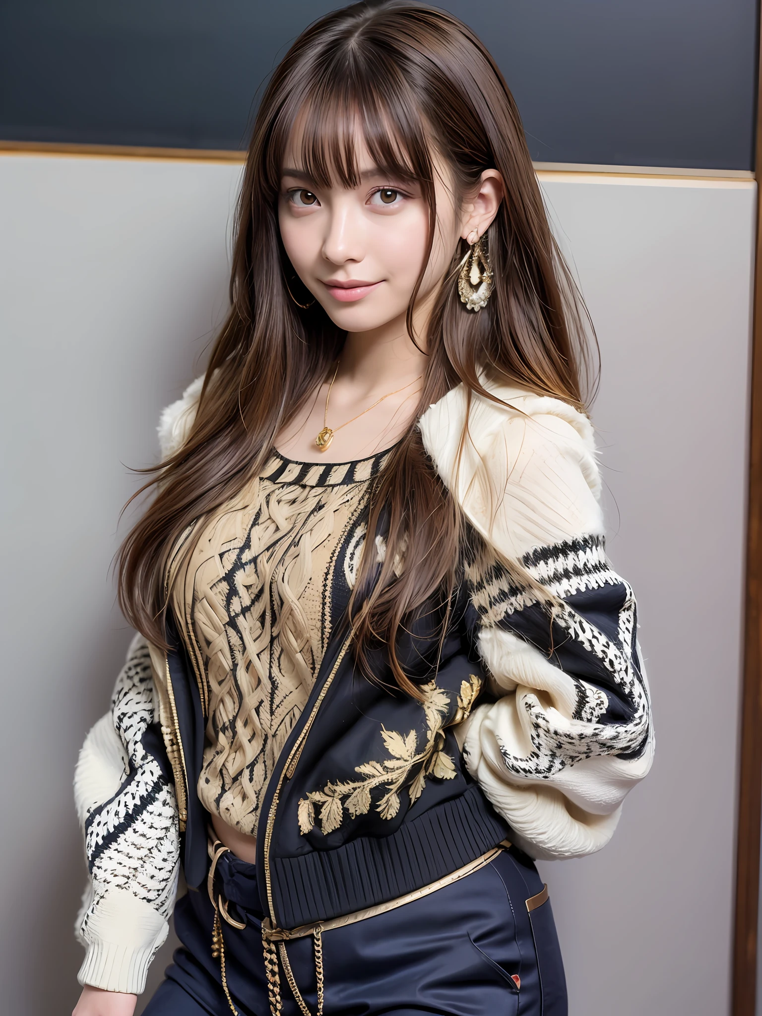 Perfect face and big breasts, lean face, thin eyebrows, right hand and hair, brown hair, middle hair curled hair, ((20-year-old girl with a slim and slender physique)), slender physique, lean !!!、 skin has detailed and very detailed eyes (1.1 emphasis), very detailed skin texture (1.1 emphasis). Necklace. Model photo style, photorealistic, skin texture is real human skin texture, detailed skin pores, intricate details, eyes very detailed. Teacher cosplay, teacher, teacher!!!、! Dream teacher, highly detailed teacher, school, high school, college, classroom, fluffy black knitted sweater with long sleeves, cream pants, jacket, rucksack, earrings. Full body, attractive sexy little bit, smile, strong smile, cute pose, standing. --s2