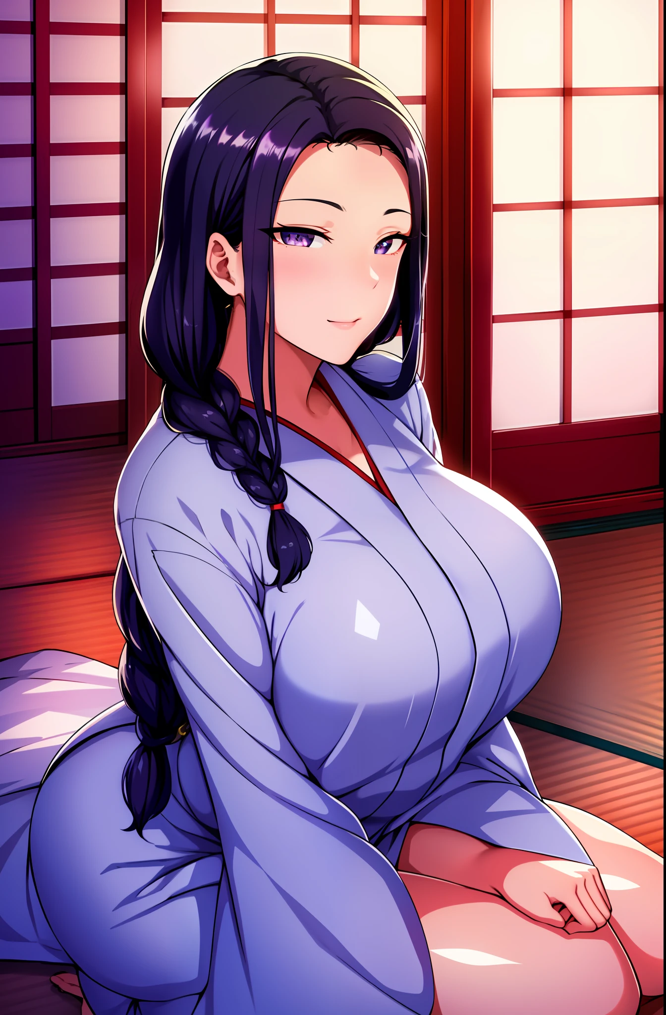 (Night:1.2), east asian architecture,
sitting at attention,sitting on Tatami,
White_kimono,
black_hair, long_hair, hair_pulled_back,parted_lips,purple_eyes, braid,
1 girl, Manga,20yo,mature female,Beautiful Finger,Beautiful long legs,Beautiful body,Beautiful Nose,Beautiful character design, perfect eyes, perfect face,
looking at viewer,(innocent_big_eyes:1.0),(Light_smile:1.0),
official art,extremely detailed CG unity 8k wallpaper, perfect lighting,Colorful, Bright_Front_face_Lighting,
(masterpiece:1.0),(best_quality:1.0), ultra high res,4K,ultra-detailed,
photography, 8K, HDR, highres, absurdres:1.2, Kodak portra 400, film grain, blurry background, bokeh:1.2, lens flare, (vibrant_color:1.2)
(Beautiful,large_Breasts:1.4), (beautiful_face:1.5),(narrow_waist),