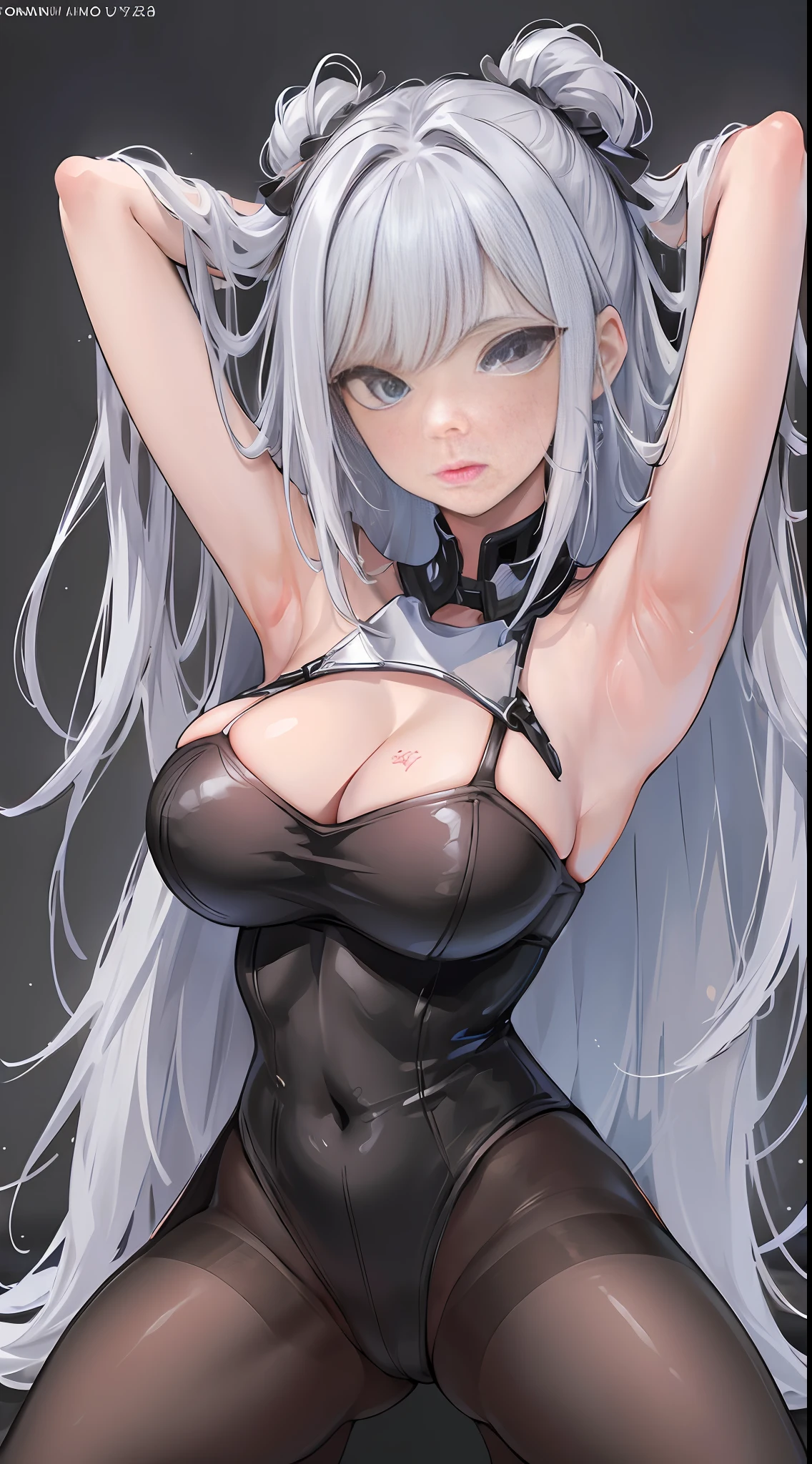 full body,(spread legs:1.5),(arms behind head:1.5),look at viewer,shiny skin,shiny pantyhose,beautiful face,Symmetrical face,natural face,highly detailed,official art, extremely detailed CG unity 8k wallpaper,best quality,((masterpiece)),absurdres,8k resolution,photorealistic,(Detailed eyes1.2),absurdres, incredibly absurdres, huge filesize,ultra-detailed, extremely detailed, beautiful detailed girl, extremely detailed eyes and face, beautiful detailed eyes, light on face,1girl,solo,kawaii,bare_shoulders,(Conjoined black silk:1.2),microskirt,((black pantyhose)),(black legwear:1.2),heart in eye,long hair,(white hair:1.2),streaked hair,messy_hair,(huge:1.2) breasts,hair_bow,collar,Thick coating