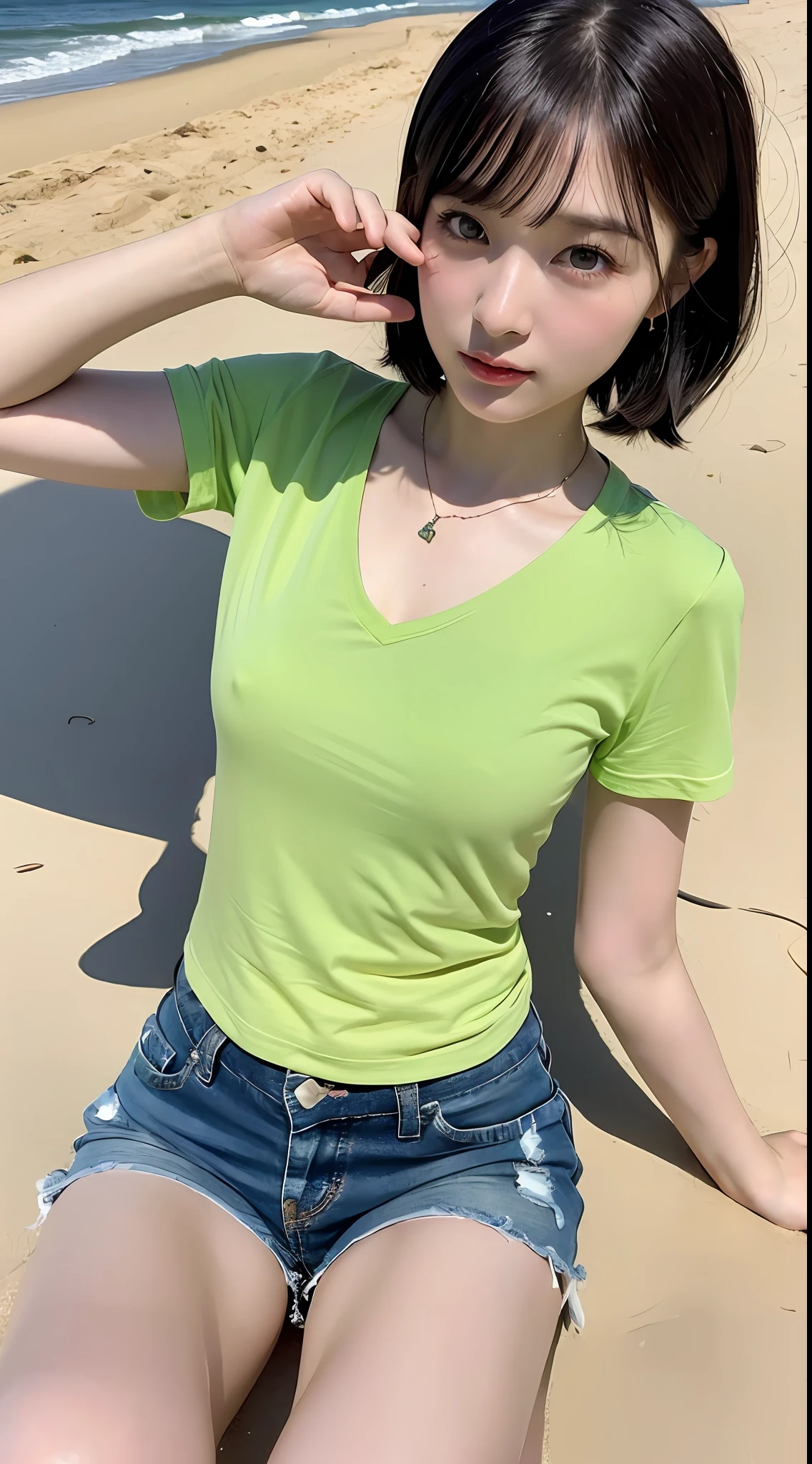 ((Realistic Sunshine, 8k, Top Quality, Masterpiece: 1.3)), (Realistic, Crisp Focus: 1.2), Very Delicate and Cute Japan Girl: 1.4, (1 Girl)), Perfect Style, Ultra Detailed, High Resolution, (Short Sleeves, Cutoff Shorts: 1.1), (Black Hair, Short Hair, Bob Cut: 1.2), (Big, Full Body: 1.3), Highly Detailed Face and Skin Texture, Beautiful detailed eyes, face light, nose blush, blue pupils, green pupils, red lips, eye makeup, slender abs: 1.2, shiny skin, necklace, earrings, tattoo, beach, outdoor, realistic shadows,