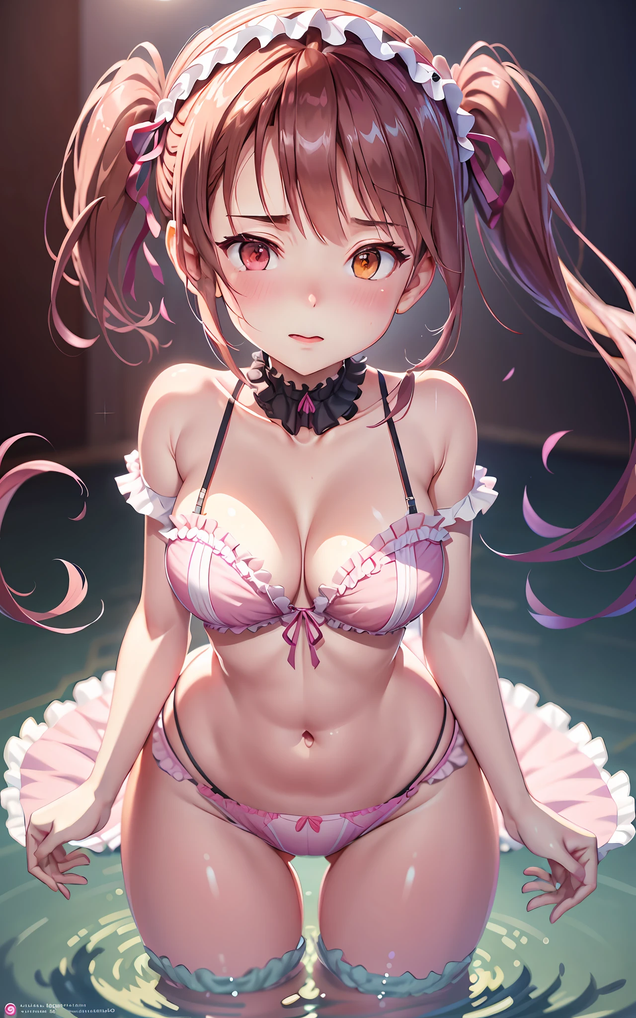 ruffled pink panties, transparent panties and bra, wet panties, aerith, a3r1th, grabbing her breasts and, makeup, ear blush, rape face, full-face blush, flustered, atmospheric perspective, multiple views, Hyperrealism, Ghibli-like colours, chromatic aberration, sparkle, Fujicolor, masterpiece, UHD, ccurate, anatomically correct, high details, best quality, textured skin