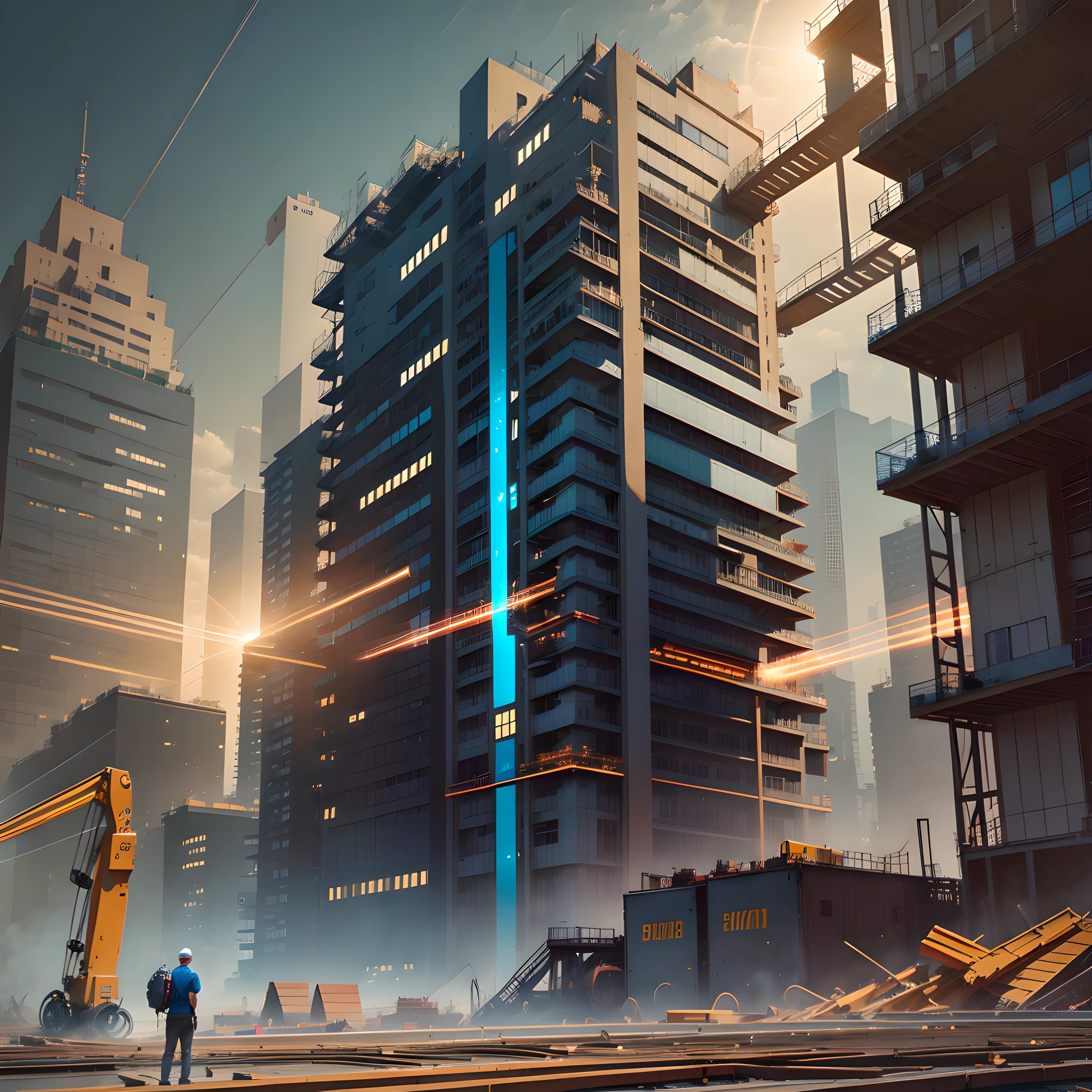 there is a man standing on a platform in a city, 3 d render beeple, artgem and beeple masterpiece, cinematic beeple, arstation and beeple highly, beeple rendering, beeple |, in style of beeple, beeple masterpiece, inspired by Mike "Beeple" Winkelmann