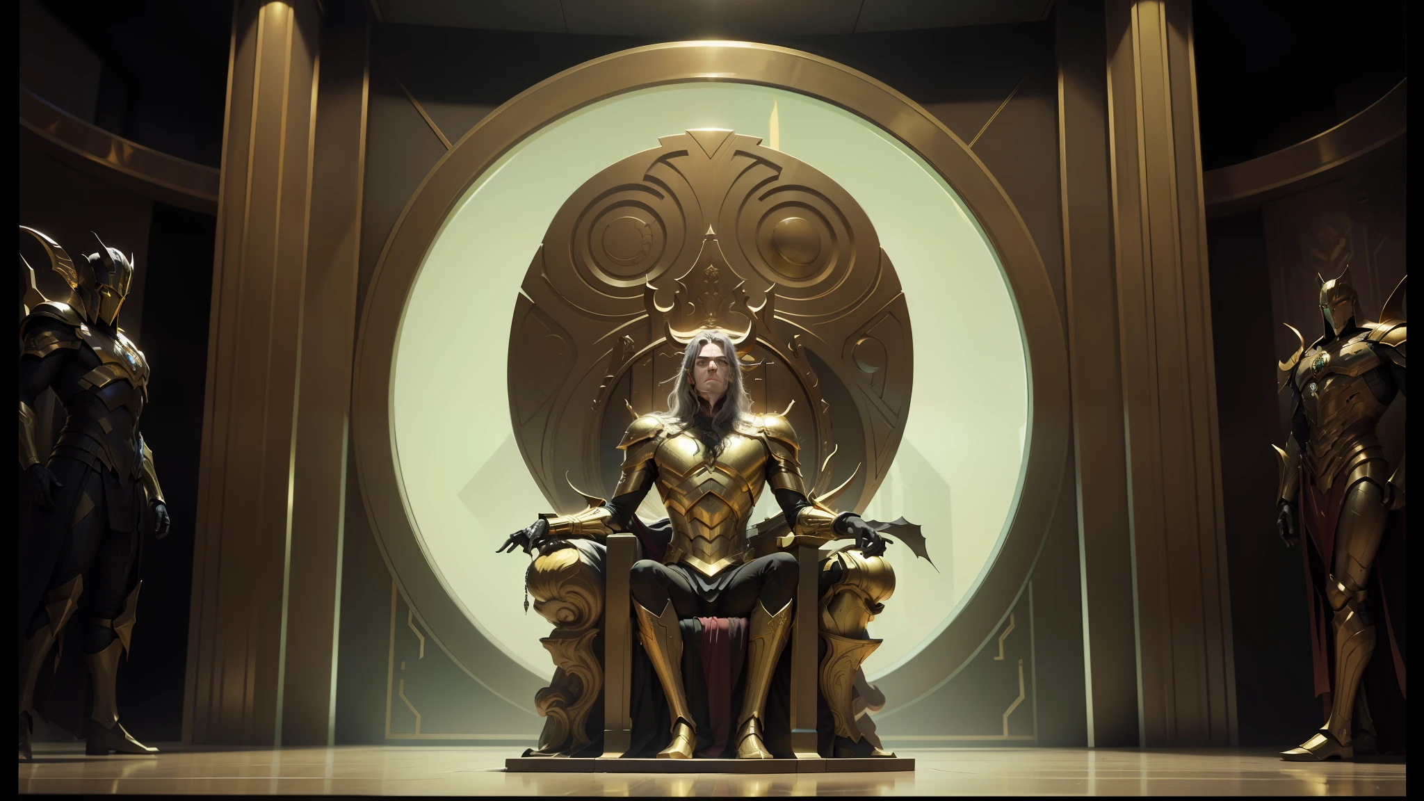 there is a man sitting on a throne, from a 2 0 1 9 sci-fi 8k film, the golden humanoid robot, known as voryn dagoth in life, by Jeffrey Smith, still from the film of 'thor', michael whelan and tomer hanuka, #sci-fi, sage droid, golden throne, asmodeus --auto --s2