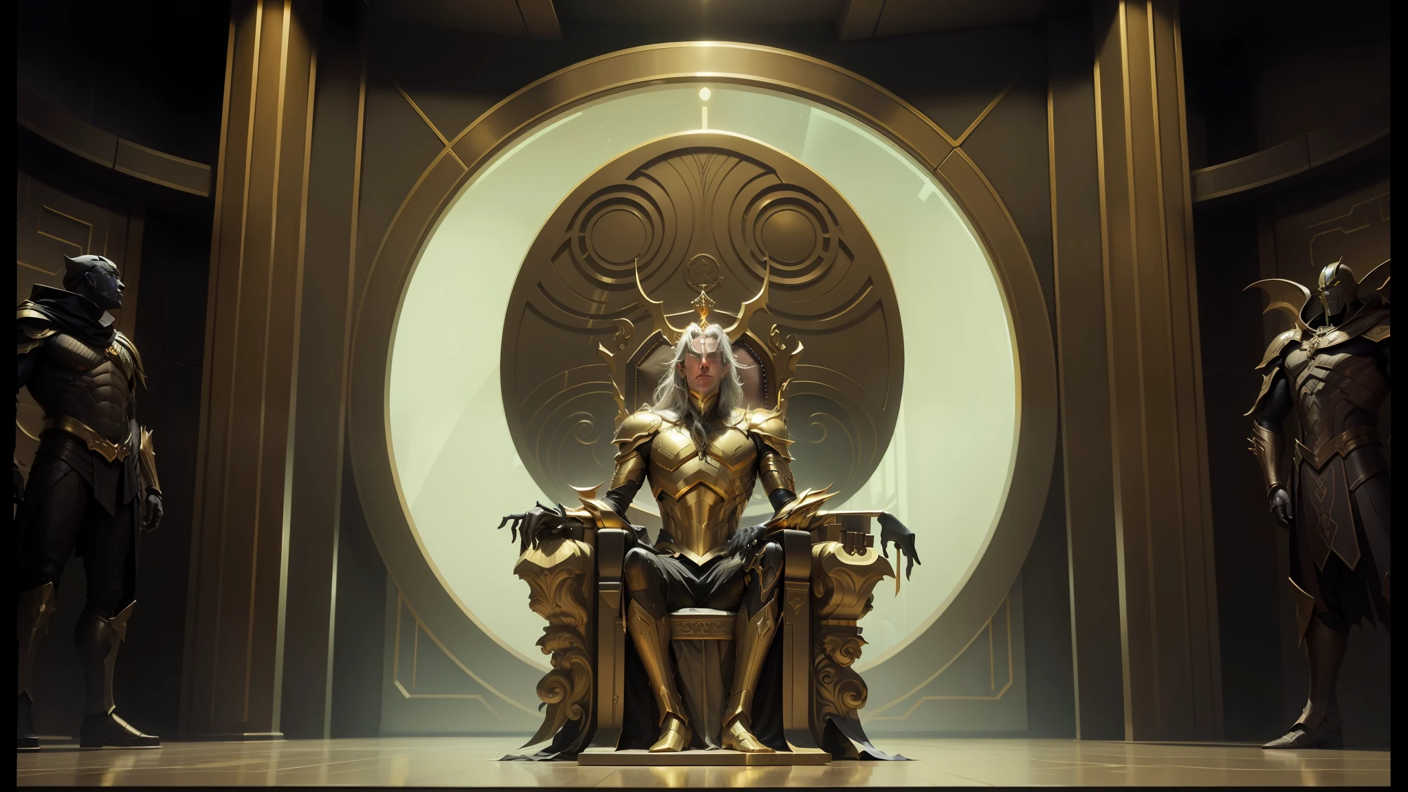 there is a man sitting on a throne, from a 2 0 1 9 sci-fi 8k film, the golden humanoid robot, known as voryn dagoth in life, by Jeffrey Smith, still from the film of 'thor', michael whelan and tomer hanuka, #sci-fi, sage droid, golden throne, asmodeus --auto --s2