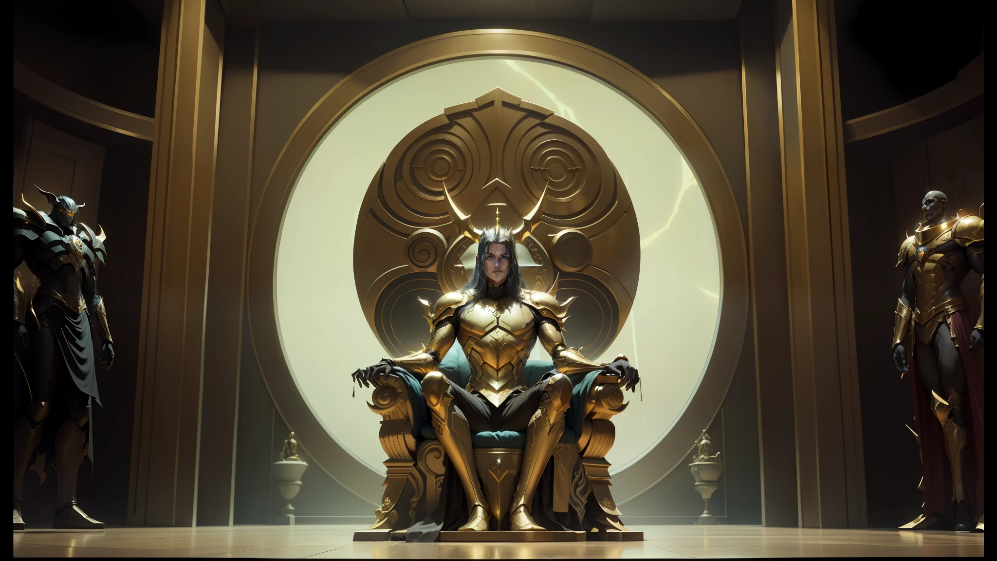 there is a man sitting on a throne, from a 2 0 1 9 sci-fi 8k film, the golden humanoid robot, known as voryn dagoth in life, by Jeffrey Smith, still from the film of 'thor', michael whelan and tomer hanuka, #sci-fi, sage droid, golden throne, asmodeus --auto --s2