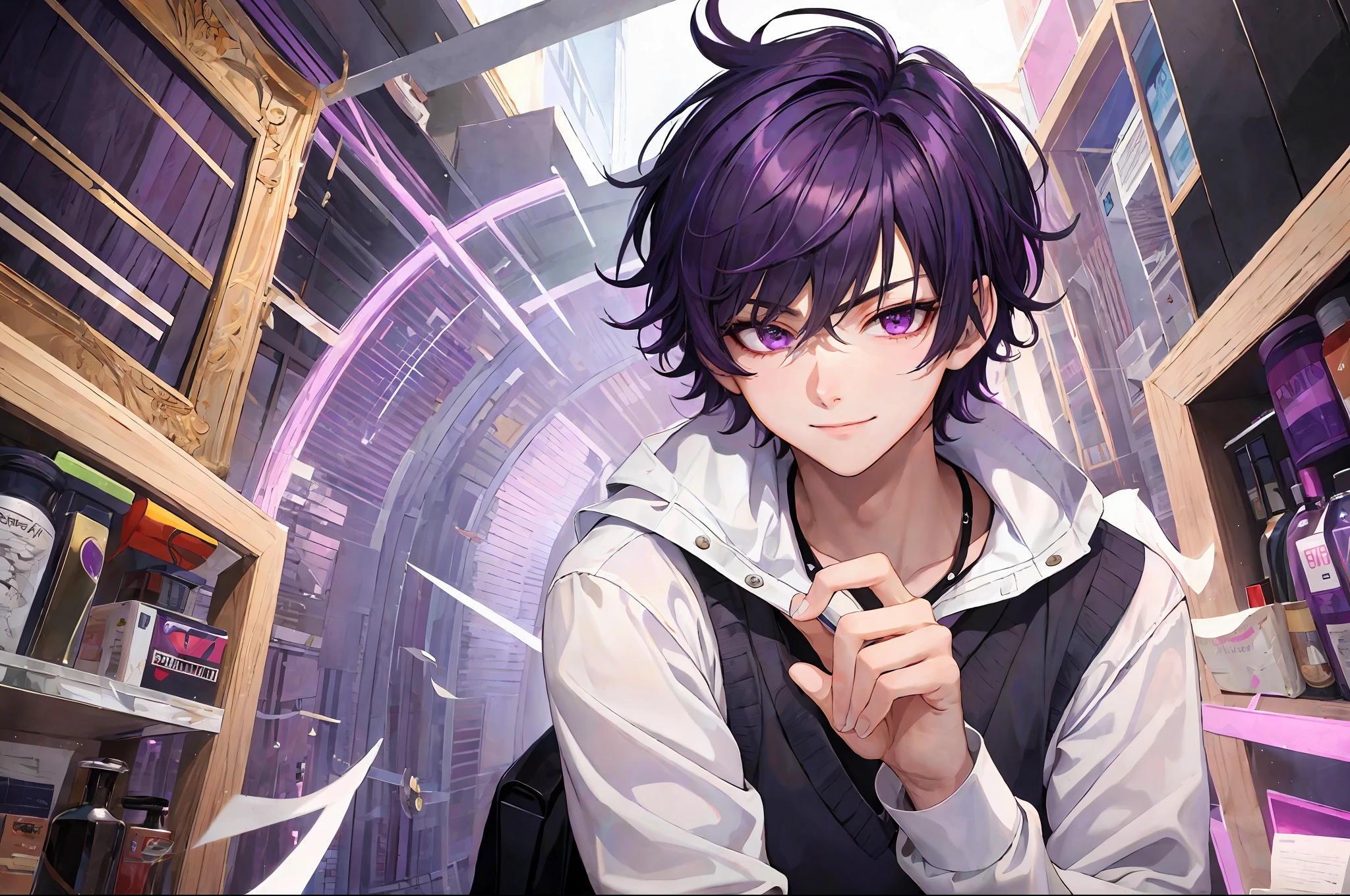((Masterpiece, Best Quality, Ultra Detailed, High Resolution)), Single, One Boy, Short Hair, Somewhat Messy Hair, Black-Purple Hair, Purple Eyes, Perfect Eyes, Age 15, Mean Smile, Right Eyebrow Raised, White Shirt, Purple Sweater Vest,, Frivolous