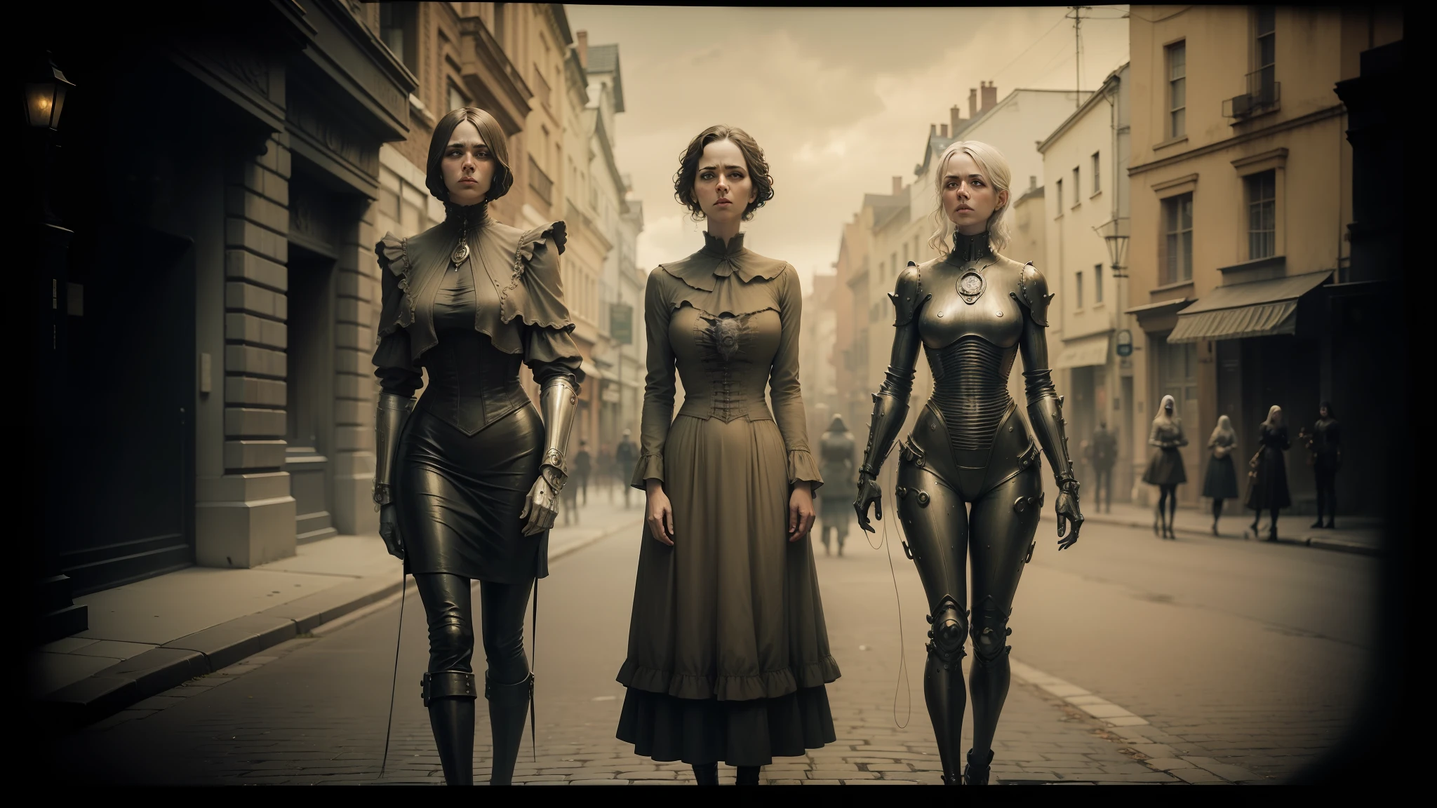 three women in costumes are standing in a street with a dog, inspired by Seb McKinnon, biomechanical bodysuit, gelatin silver process, unsettling image, animated movie shot, servants, unsettling images, broken statues, daguerreotype photograph, statues --auto --s2