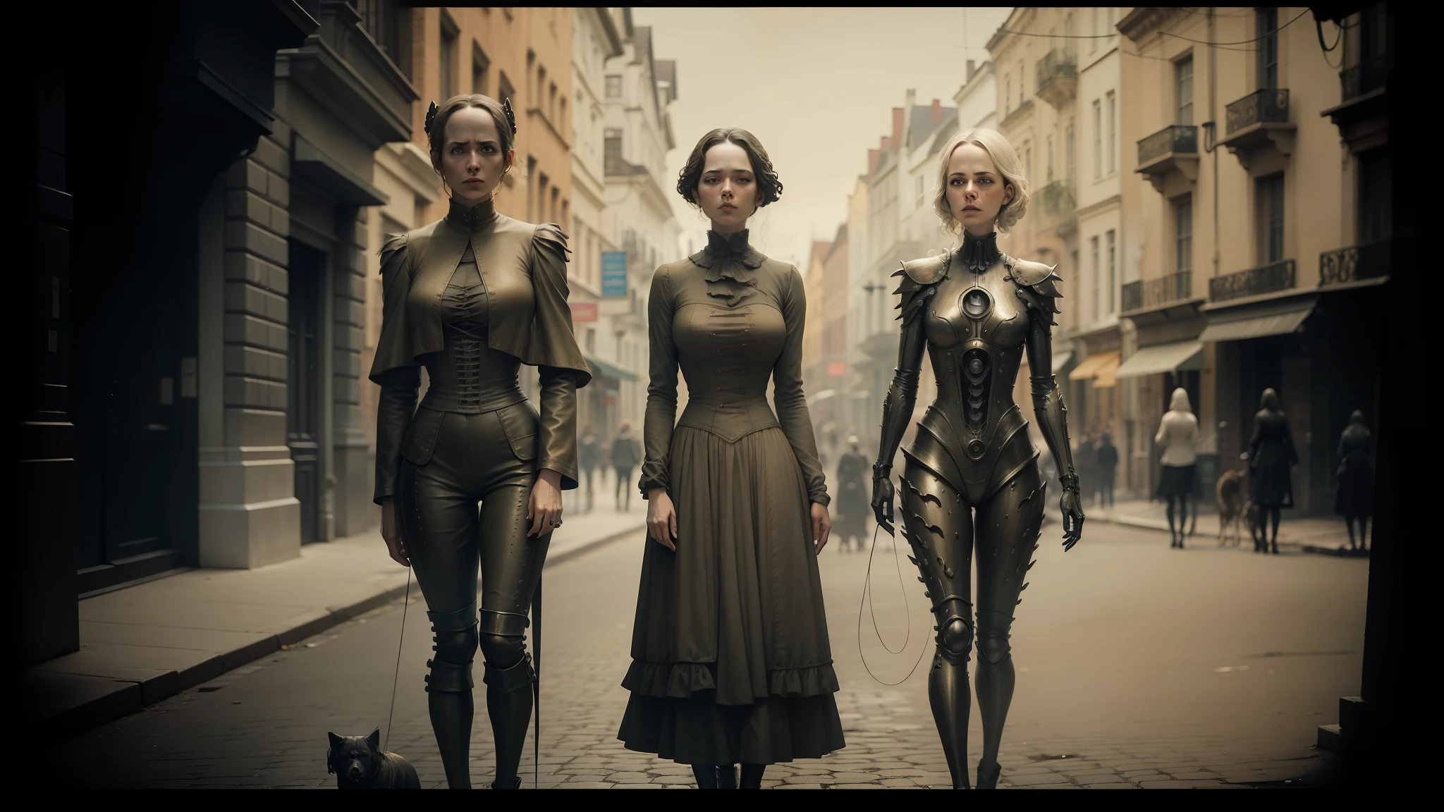 three women in costumes are standing in a street with a dog, inspired by Seb McKinnon, biomechanical bodysuit, gelatin silver process, unsettling image, animated movie shot, servants, unsettling images, broken statues, daguerreotype photograph, statues --auto --s2