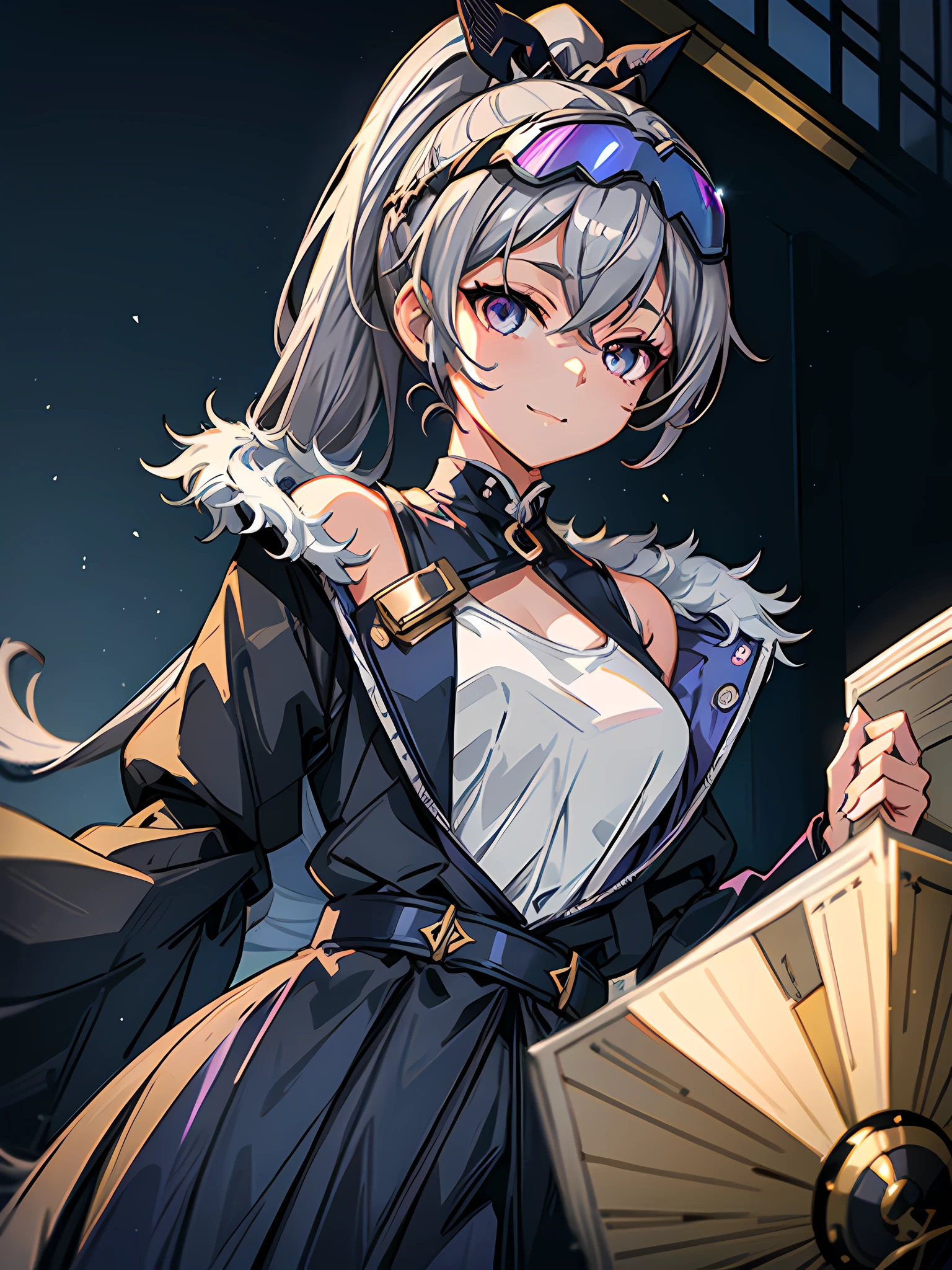 Exquisite masterpiece, best quality, illustration style, an anime girl with a curly ponytail, bangs pinned black hairpin, gray beautiful eyes, white shirt, student council president, flat chest, blue-purple gradient goggles, heartwarming, youthful beauty, gray hair, presents a natural casual style. The dynamic posture contains the golden section, large aperture portrait, white space, strong contrast between light and shadow, super texture, super clear and concise picture, presenting extreme beauty, elegant temperament, exquisite facial expressions, brilliant light effects, background blur, smile, extreme details, daily life