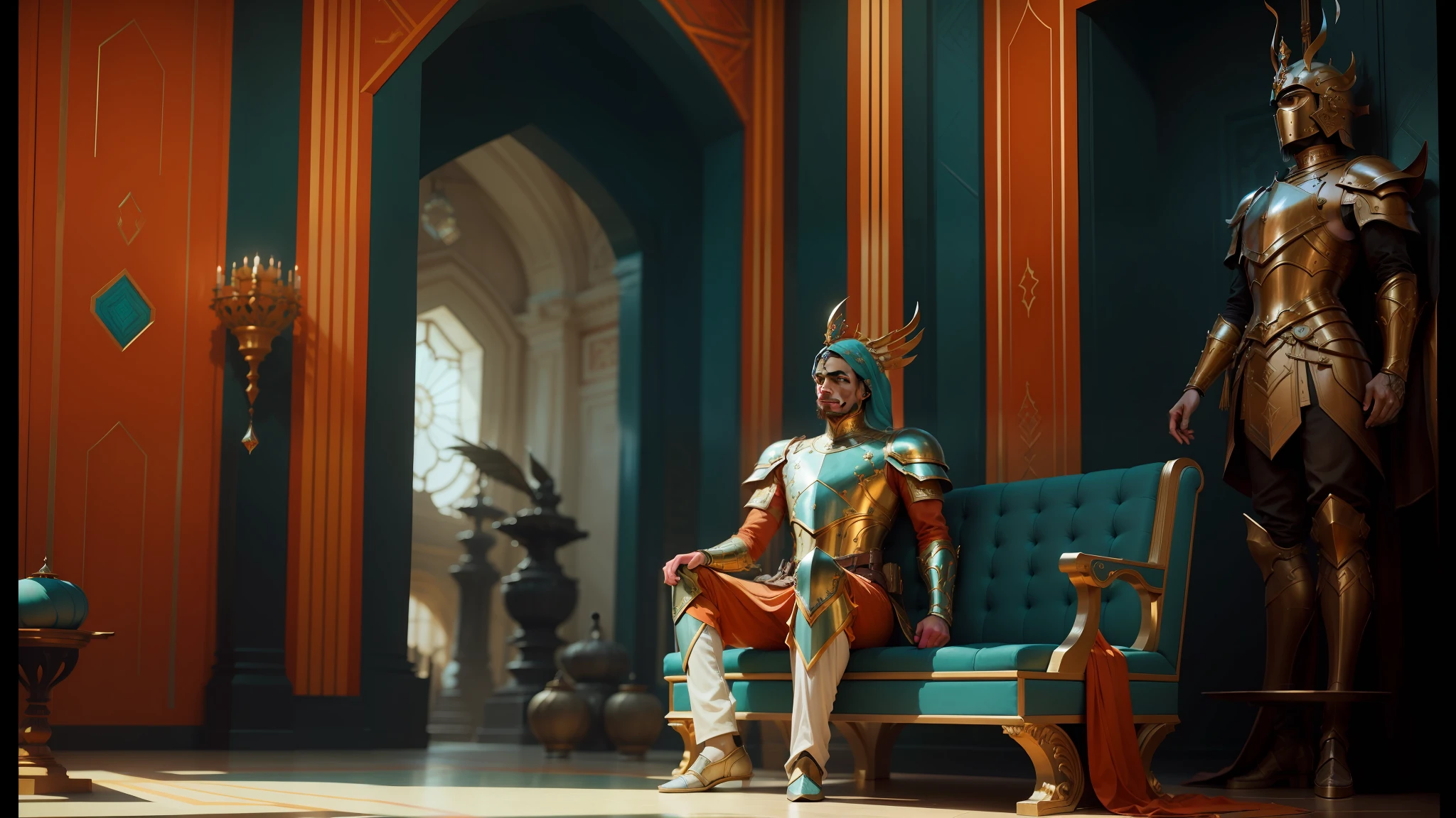 there is a man in armor sitting on a bench in a room, teal orange color palette 8k, futuristic persian palace, ottoman empire, very very very aesthetic, hannibal, costume design, inspired by Géza Mészöly, anamorphic, an exhausted deity, by Alexander Deyneka --auto --s2