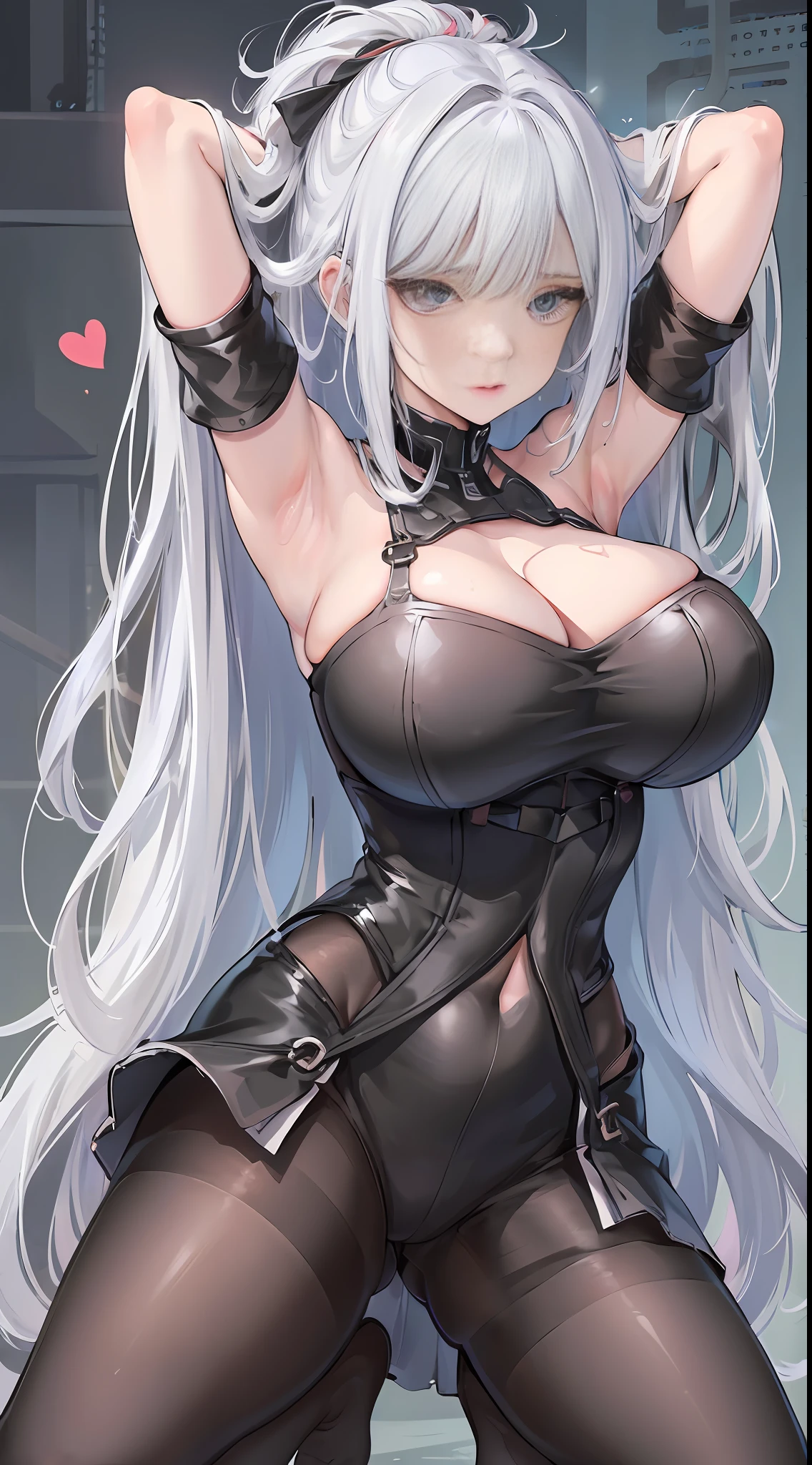 full body,(spread legs:1.5),(arms behind head:1.5),look at viewer,shiny skin,shiny pantyhose,beautiful face,Symmetrical face,natural face,highly detailed,official art, extremely detailed CG unity 8k wallpaper,best quality,((masterpiece)),absurdres,8k resolution,photorealistic,(Detailed eyes1.2),absurdres, incredibly absurdres, huge filesize,ultra-detailed, extremely detailed, beautiful detailed girl, extremely detailed eyes and face, beautiful detailed eyes, light on face,1girl,solo,kawaii,bare_shoulders,(off-shoulder shirt:1.2),microskirt,((black pantyhose)),(black legwear:1.2),heart in eye,long hair,(white hair:1.2),streaked hair,messy_hair,(huge:1.2) breasts,hair_bow,collar,Thick coating