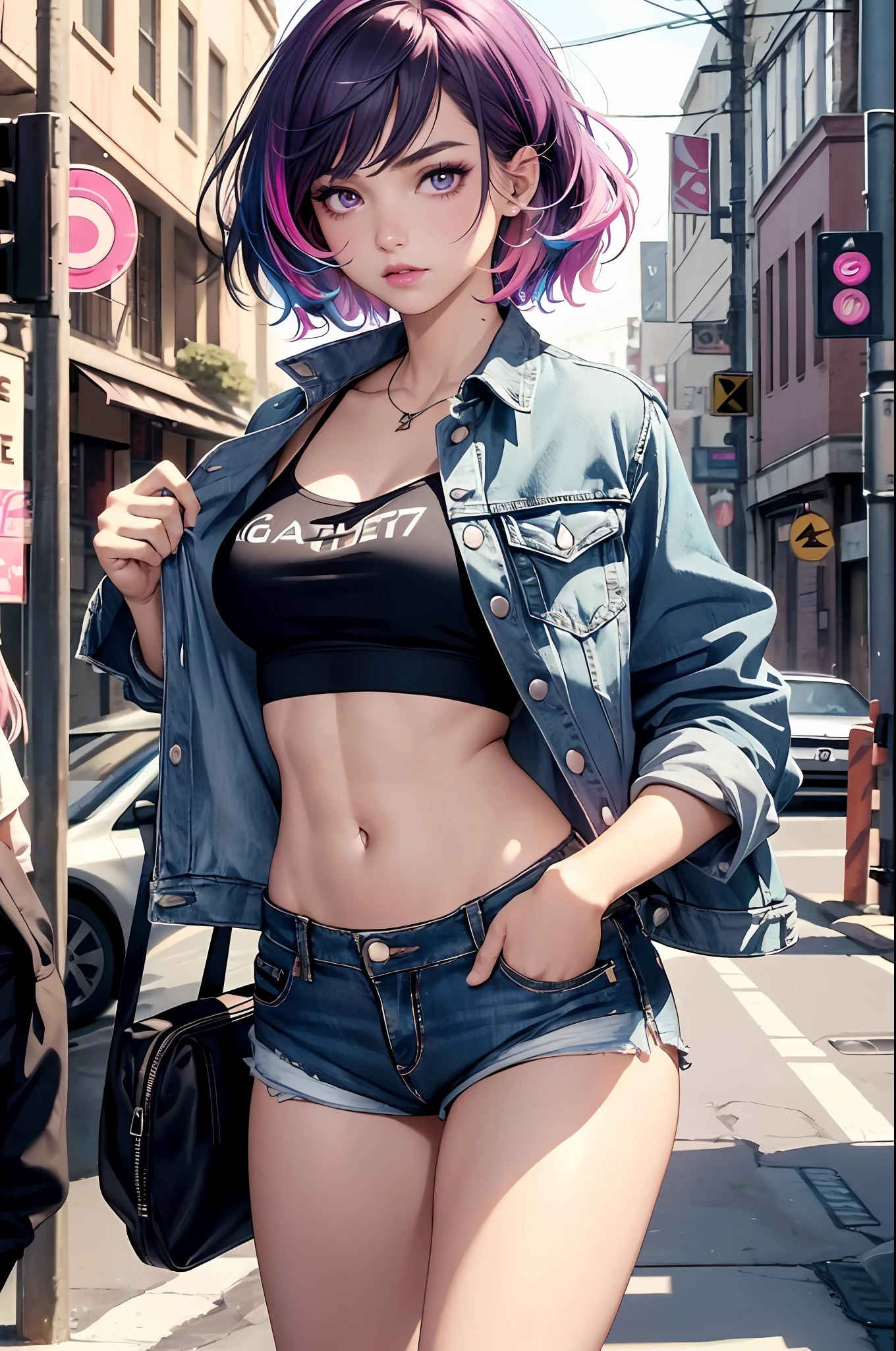 ((medium breast, tomboy girls, yo)),  (chiseled abs : 1.1), (perfect body : 1.1), ((purple eyeshadow:1.3,pink eyebrows:1.3,black colored contacts,pastel lips)),(pink:1.4 black:0.6,short wavy hair) full body shot, crowded street, wearing black crop top, jeans jacket, ((short shorts)), (extremely detailed CG 8k wallpaper), (an extremely delicate and beautiful), (masterpiece), (best quality:1.0), (ultra highres:1.0),  beautiful lighting ,perfect lightning, realistic shadows, [highres], detailed skin, ultra-detailed, (((colorful)))