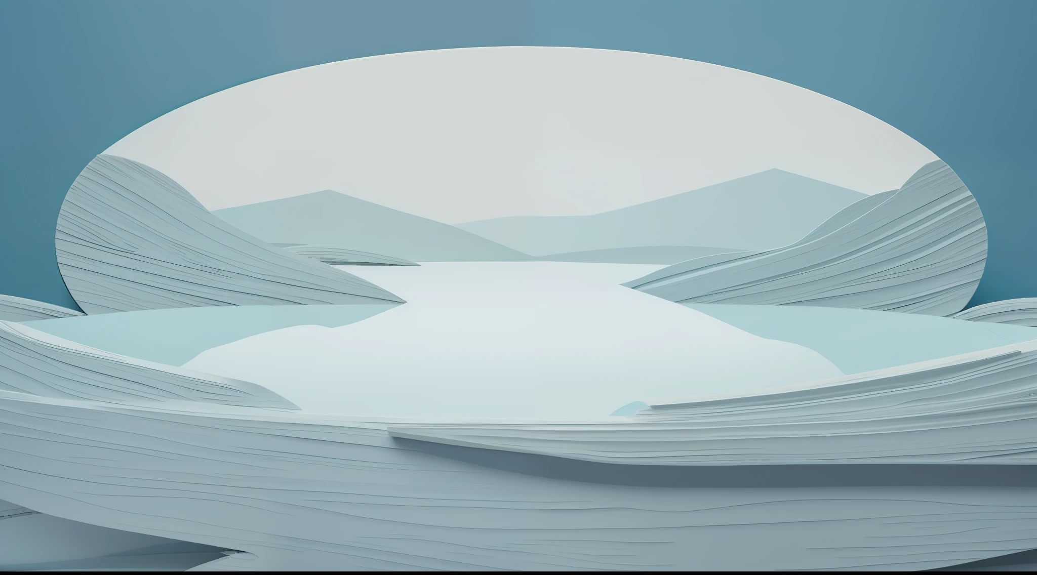 Horizontal plate composition, Zen, minimalism, paper-cut, flat, fine depiction, very high definition, very light blue scene, linealism, center disc, mountain texture, grain, smooth lines, semicircular arch