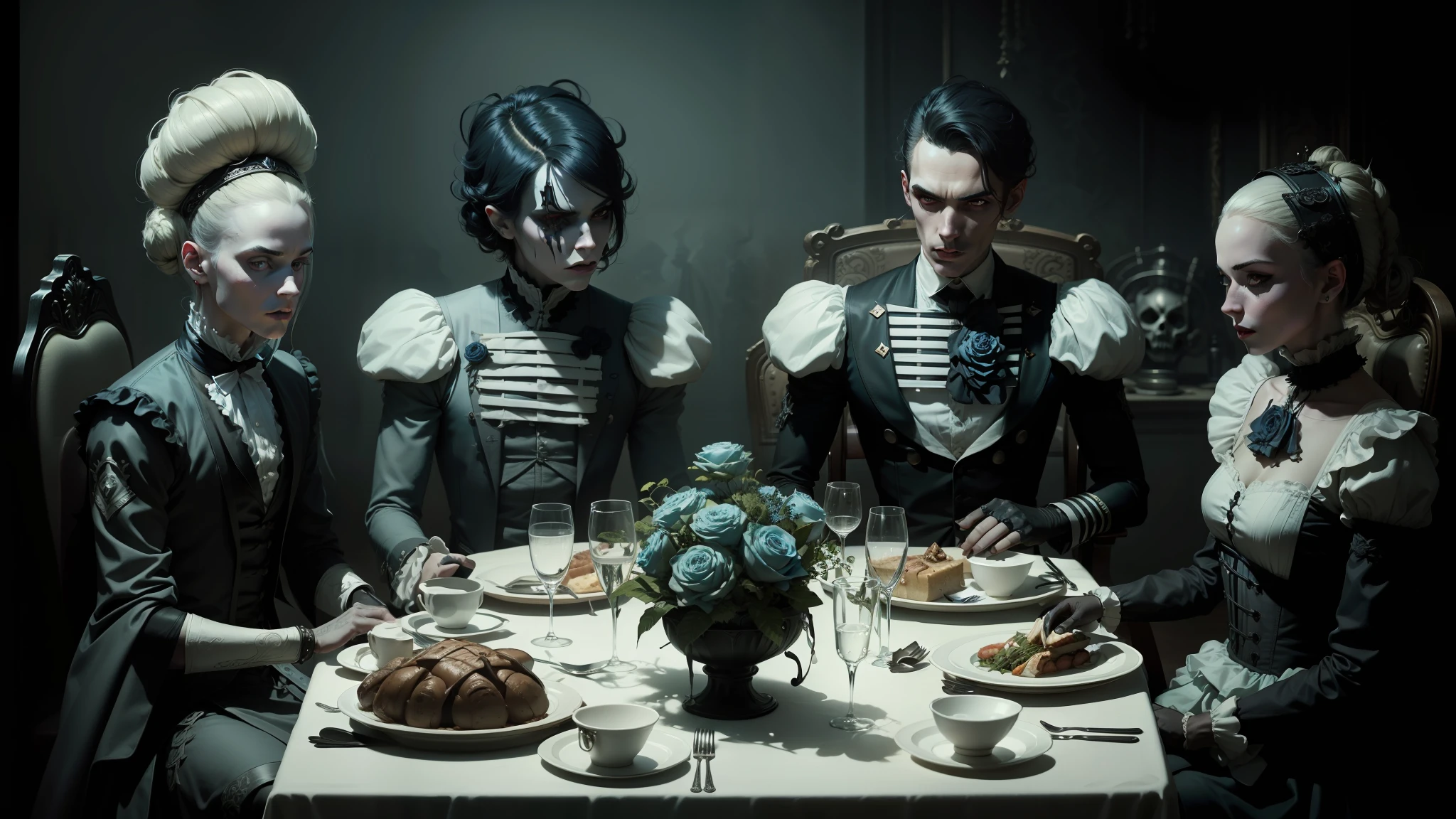 three people dressed in costumes sit at a table with plates of food, natalie shau tom bagshaw, dressed in crustpunk clothing, roger deakin ’ s cinematography, undead soldiers in background, avoid symmetry, gentlemens dinner, dressed in expensive clothes, dressed with long fluent clothes --auto --s2