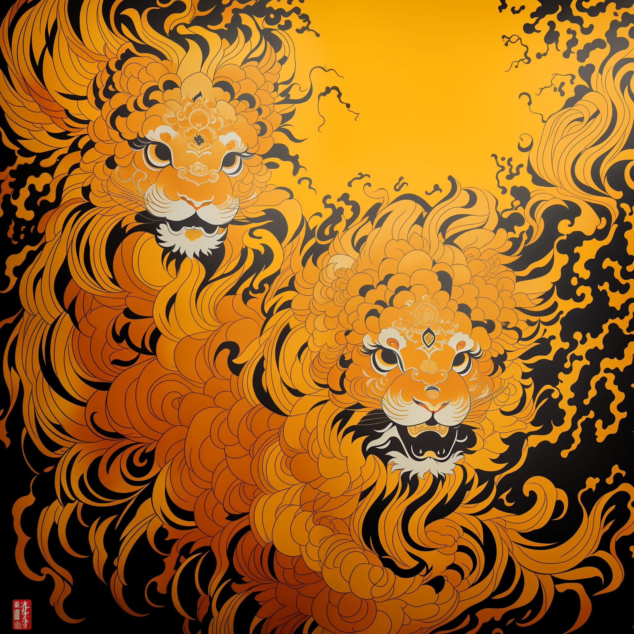 Lion Dance, Chinese Lion Awakening Painting Close-up, Asura in Chinese Mythology, Ancient Chinese Art Style, Wen Boren, Yellow Chinese Lion Fantasy, Mythical Creatures, Chinese Lion Concept Art, Ancient Chinese Gorgeous, Chinese Mythology, Ink Flower, Inspired by Puhua, an ancient creature, Qigong, with a body, a head