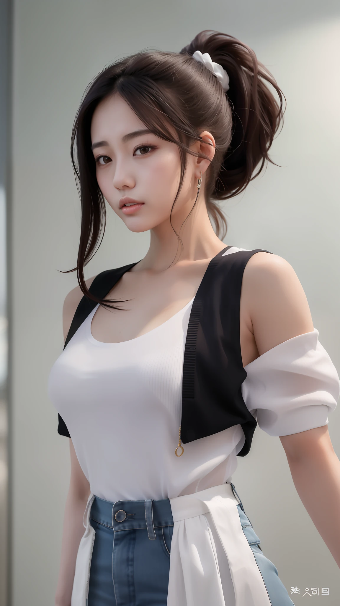 a close up of a woman with a ponytail in a white top, beautiful south korean woman, gorgeous young korean woman, korean girl, beautiful asian girl, beautiful young korean woman, gorgeous chinese model, chinese girl, korean woman, japanese model, dilraba dilmurat, beautiful asian woman, xision wu, wenfei ye, a cute young woman