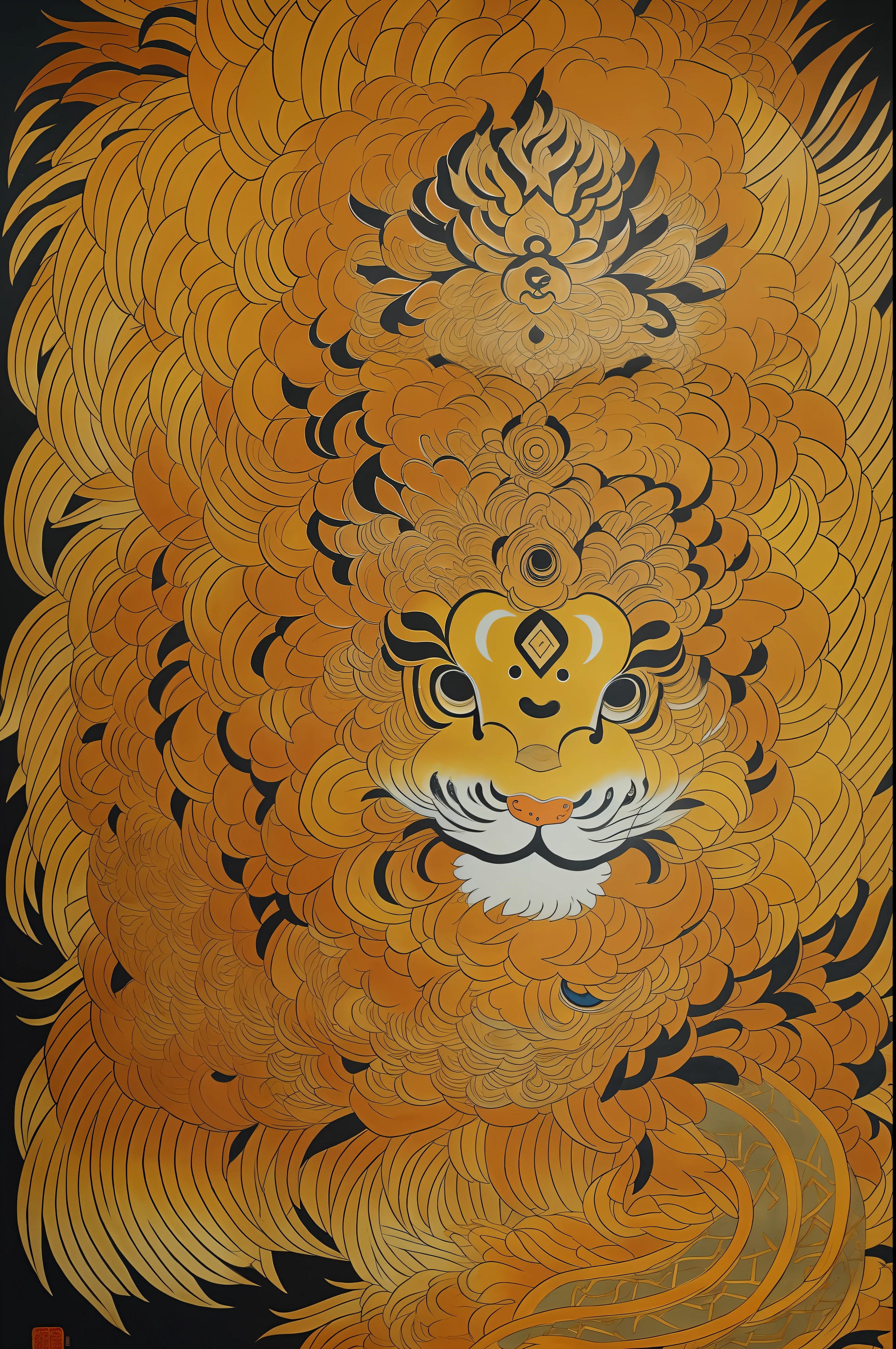 Lion Dance, Chinese Lion Awakening Painting Close-up, Asura in Chinese Mythology, Ancient Chinese Art Style, Wen Boren, Yellow Chinese Lion Fantasy, Mythical Creatures, Chinese Lion Concept Art, Ancient Chinese Gorgeous, Chinese Mythology, Ink Flower, Inspired by Puhua, an ancient creature, Qigong