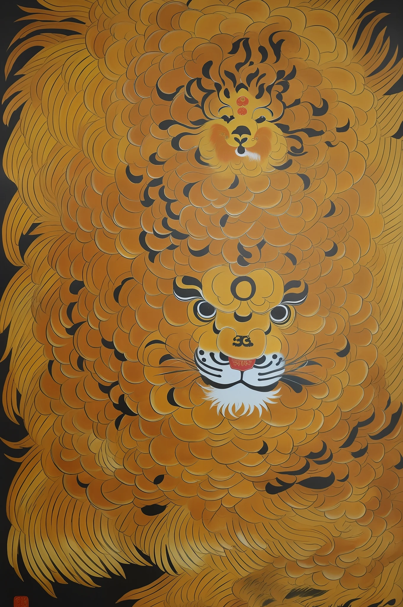 Lion Dance, Chinese Lion Awakening Painting Close-up, Asura in Chinese Mythology, Ancient Chinese Art Style, Wen Boren, Yellow Chinese Lion Fantasy, Mythical Creatures, Chinese Lion Concept Art, Ancient Chinese Gorgeous, Chinese Mythology, Ink Flower, Inspired by Puhua, an ancient creature, Qigong