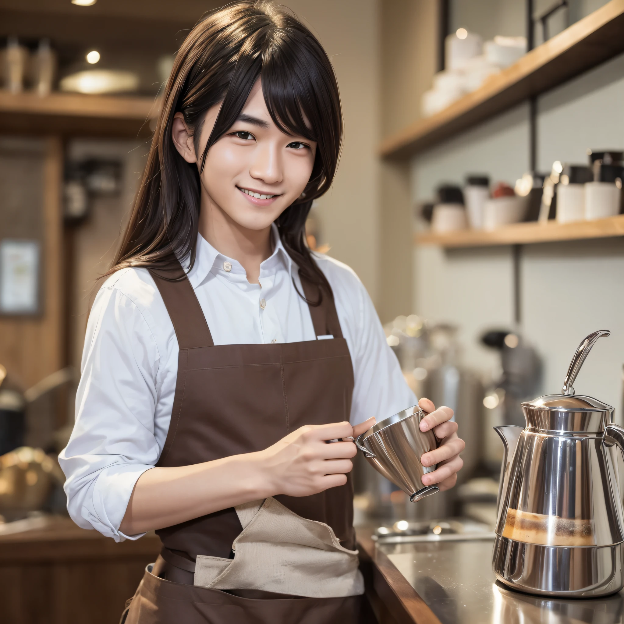 Gorgeous young man Korean barista in smiling brown apron brewing coffee --auto --s2