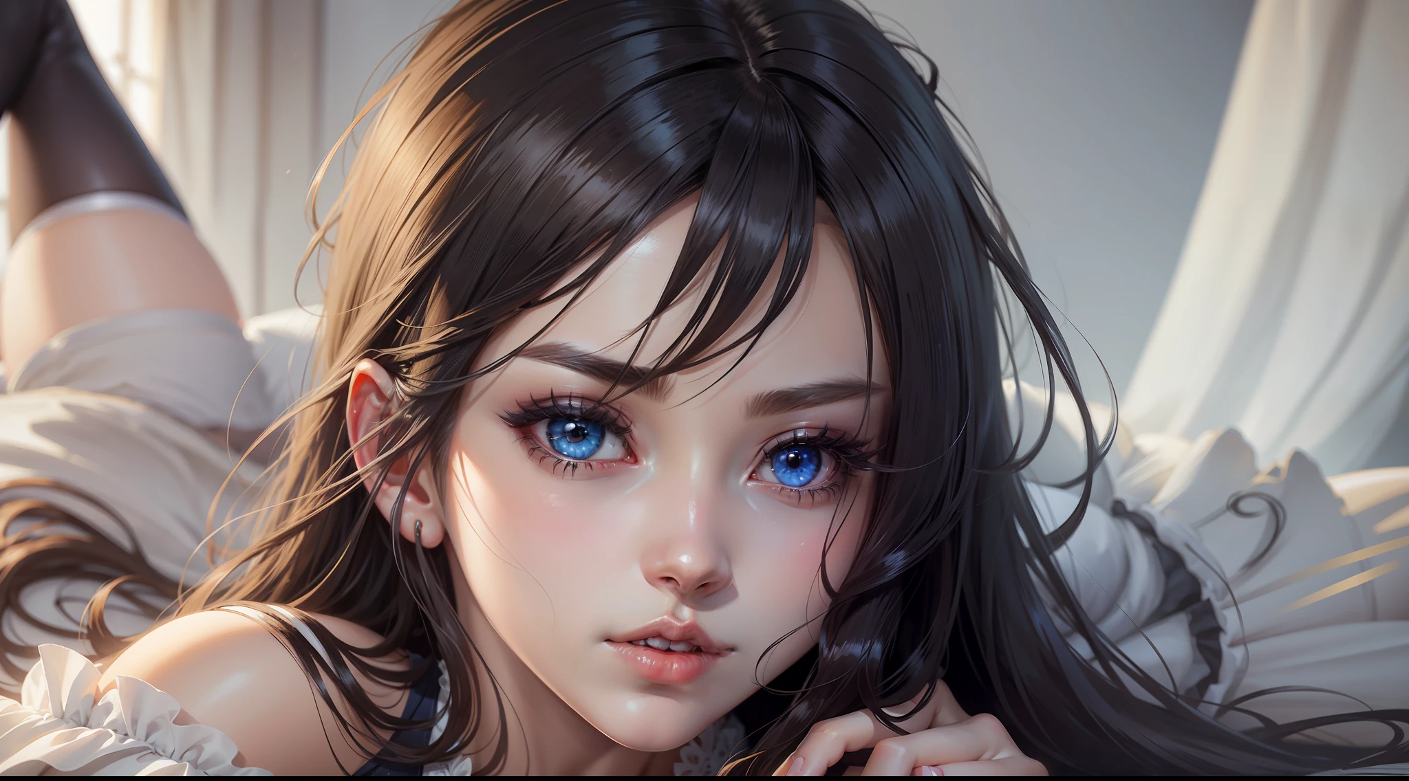 anime wallpaper, beautiful girl, white stockings, sexy, realistic eyes, detailed eyes, realistic hair, detailed hair, realistic shadows, realistic skin --auto --s2