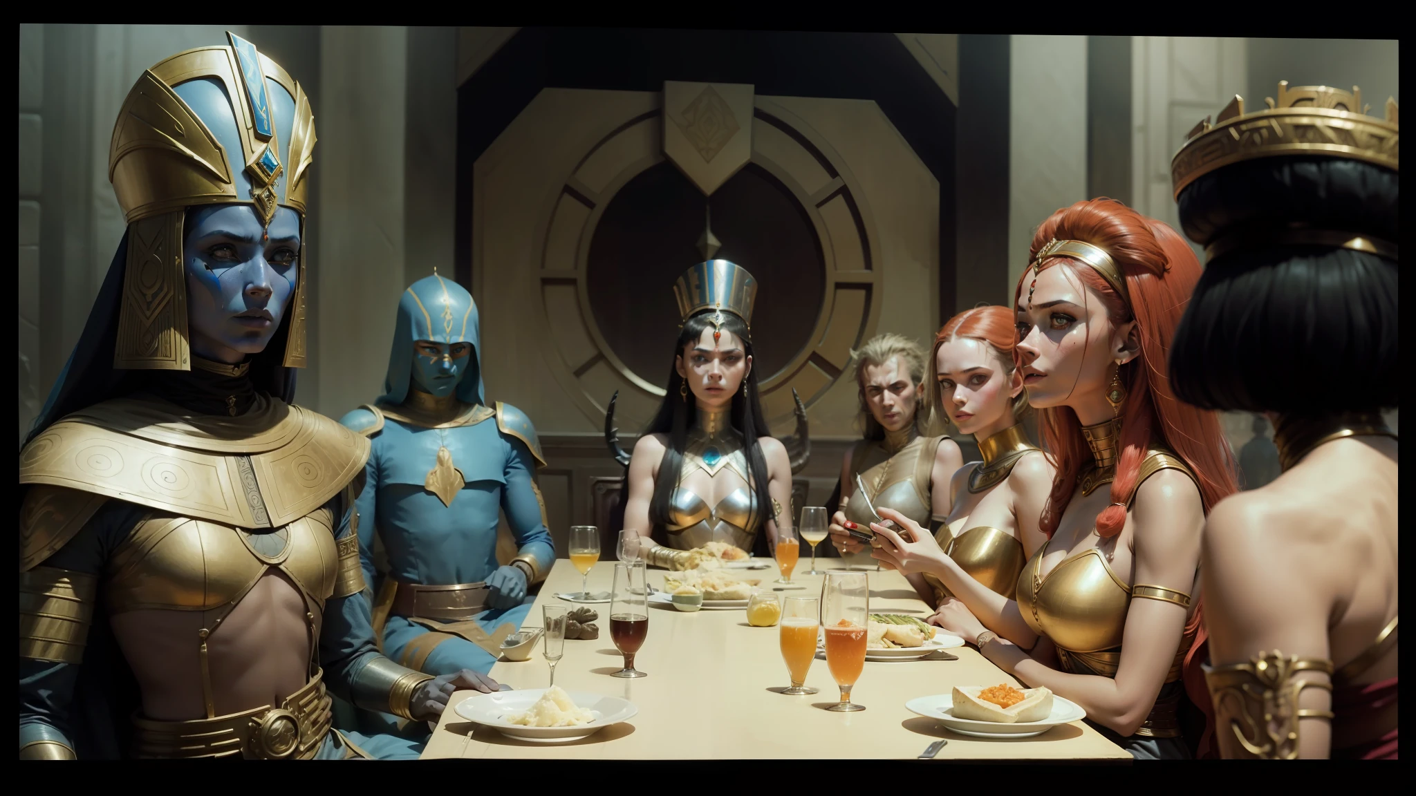 arafed image of a group of people dressed in costumes sitting at a table, still from movie dune, inspired by Philippe Druillet, by Vanessa Beecroft, vhs colour photography, cleopatra, circa 1 9 8 4, g cgsociety, 2070s, by Wojciech Siudmak, musk ( 2 0 2 4 ) --auto --s2