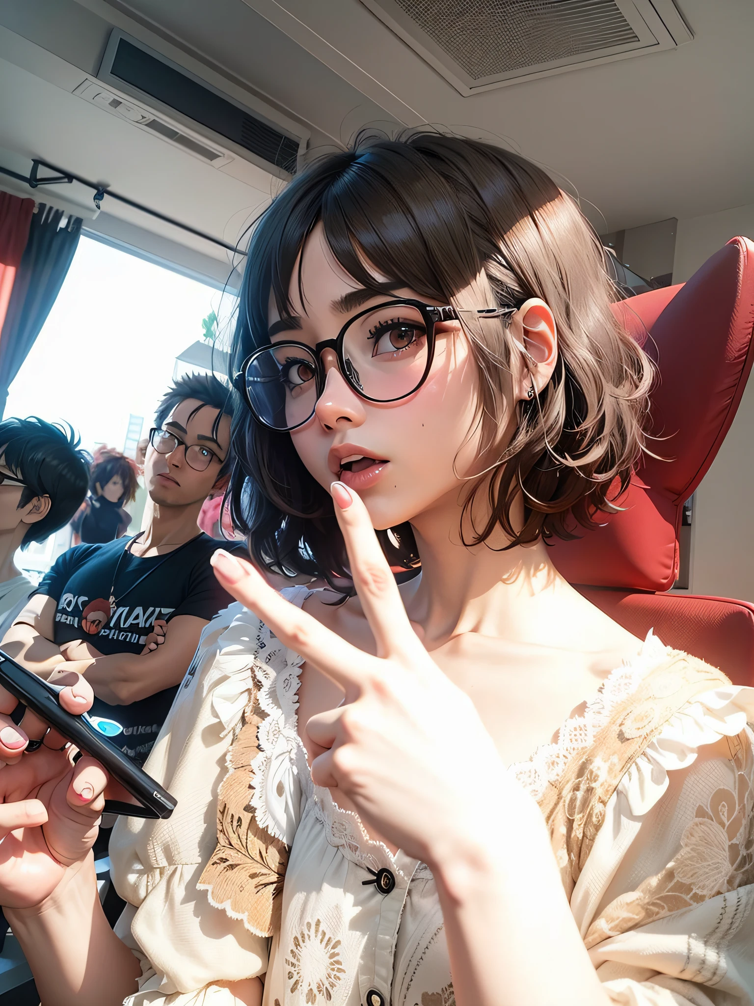 Generate anime-style images with short hair, round-framed glasses, and V-shaped gestures