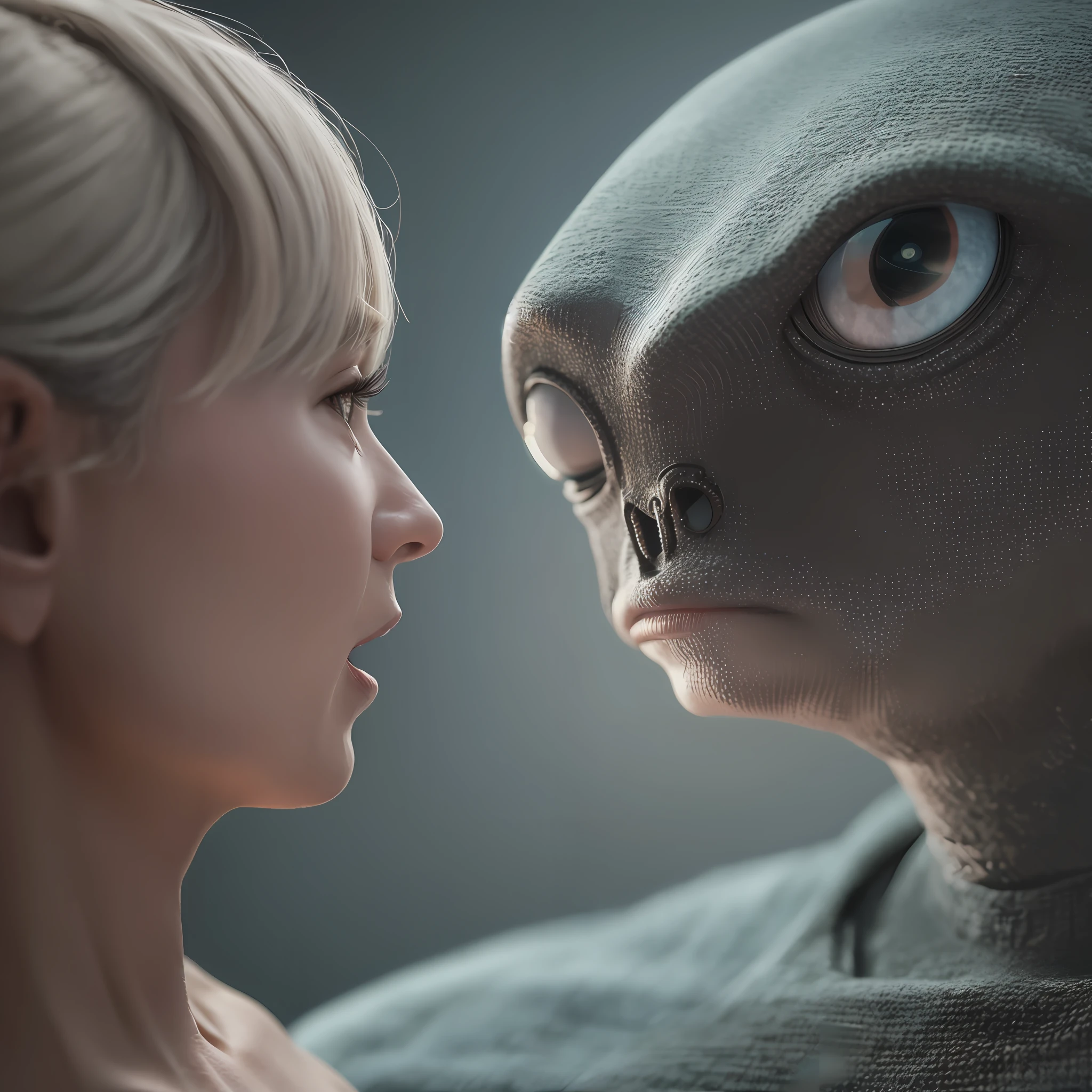 Ultrarealistic, alien and human encounter, granny, high quality, 8K, 32K, F1.8