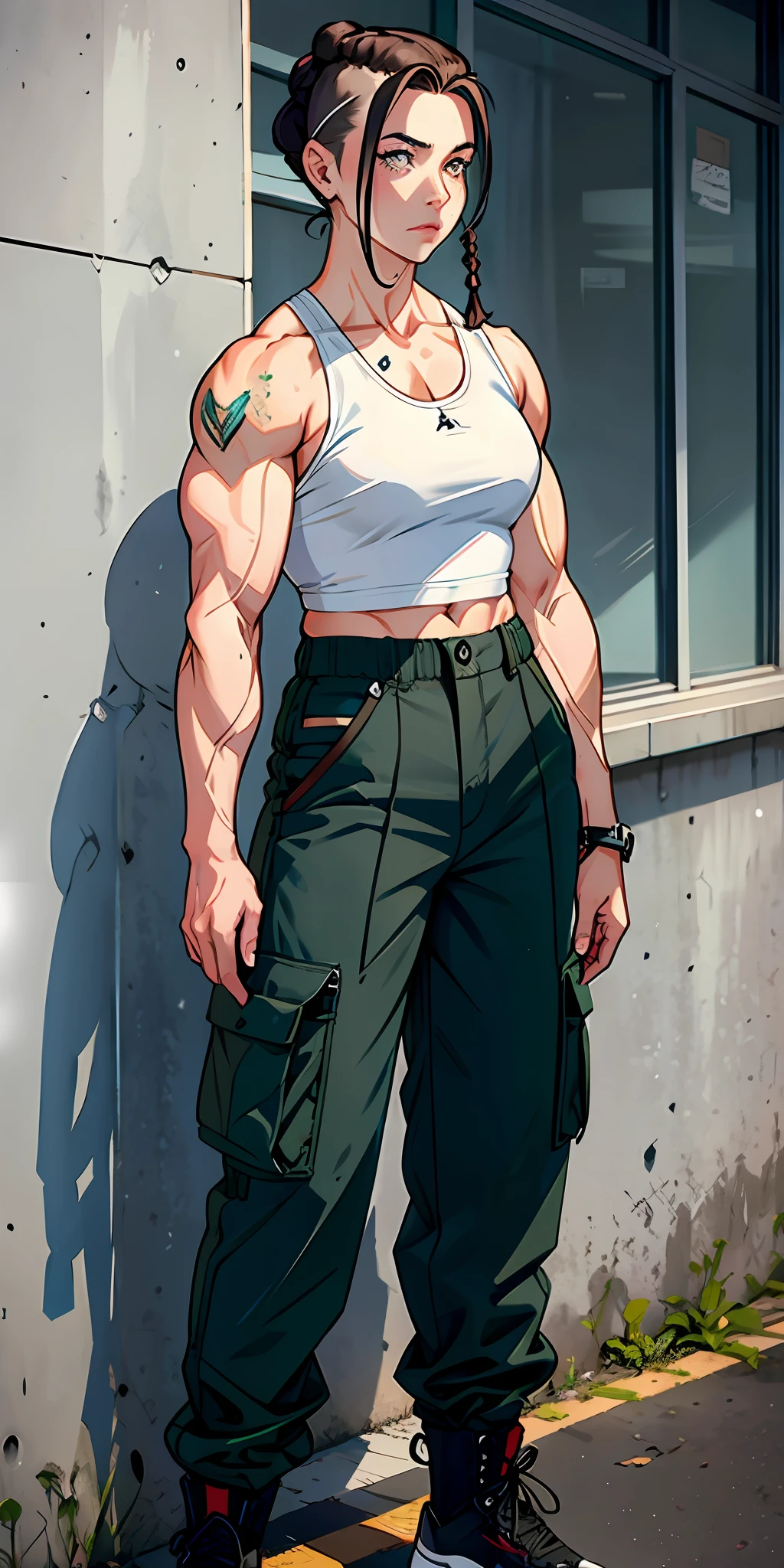 Woman, adult, mature, serious face, freckles hair: shaved on the sides, braid, muscles, small chest, large thigh, military cargo pants, full body,