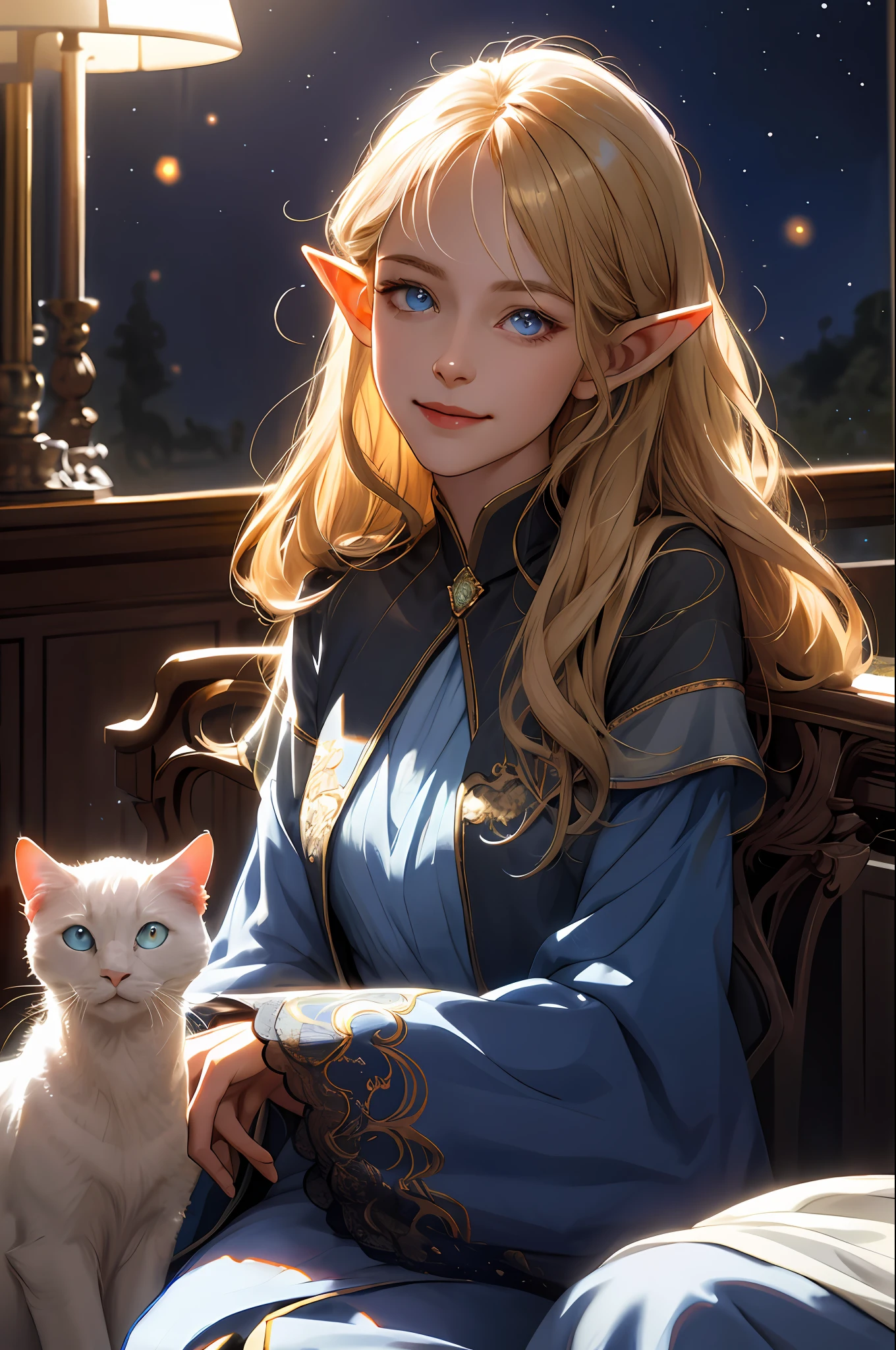 (movie light), (high resolution, super detail), elf, (beautiful face), pretty face, 1 woman, 16 years old, straight long hair, beautiful golden hair, blue eyes, bangs, fine eyes and detailed face, complex details, lowered hair, unraveled hair, solo, detailed background, detailed face, white underwear, bedroom, faint moonlight, backlit, sad atmosphere, portrait, blurry background, smile, from the front, (dark shadow), mysterious, ((low saturation)), stroking a white cat on the lap, (gentle look)