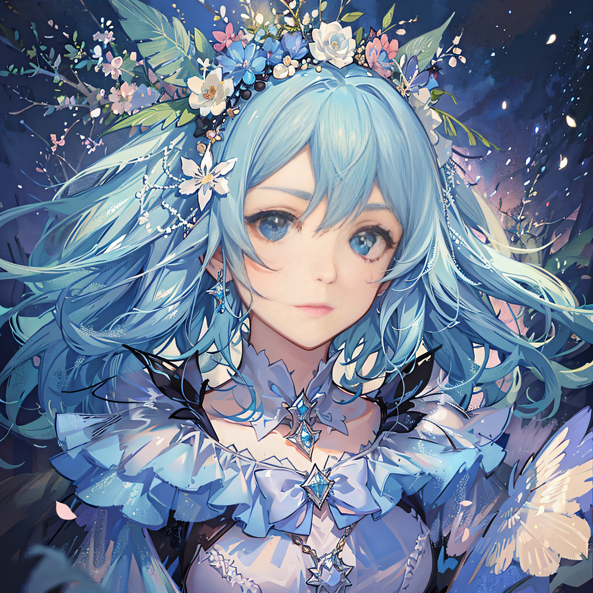 1 girl, Aquamarine, black diamond, petal, shine,